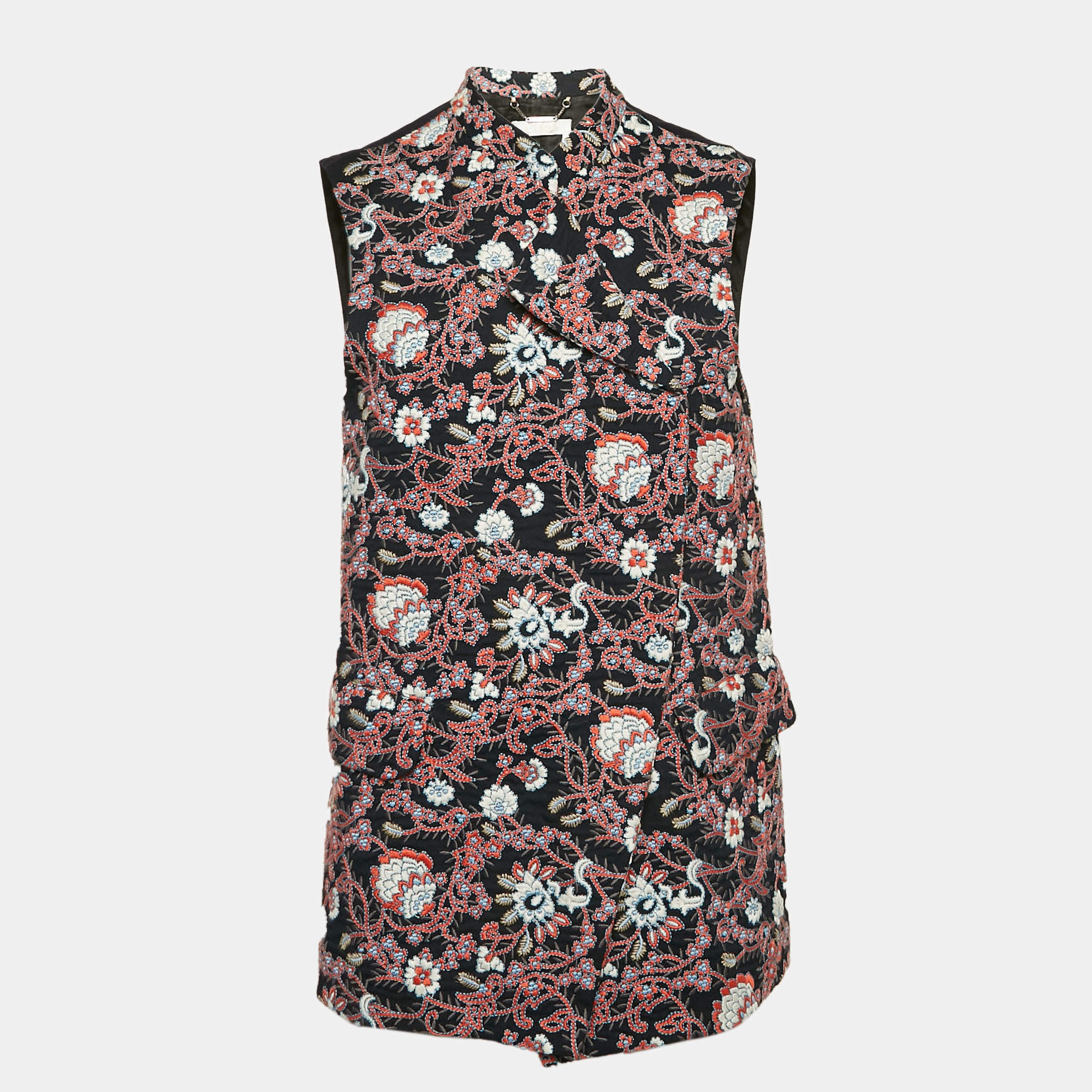 Pre Owned Chloe Navy Blue/Orange Floral Embroidered Chiffon Open Front Vest M