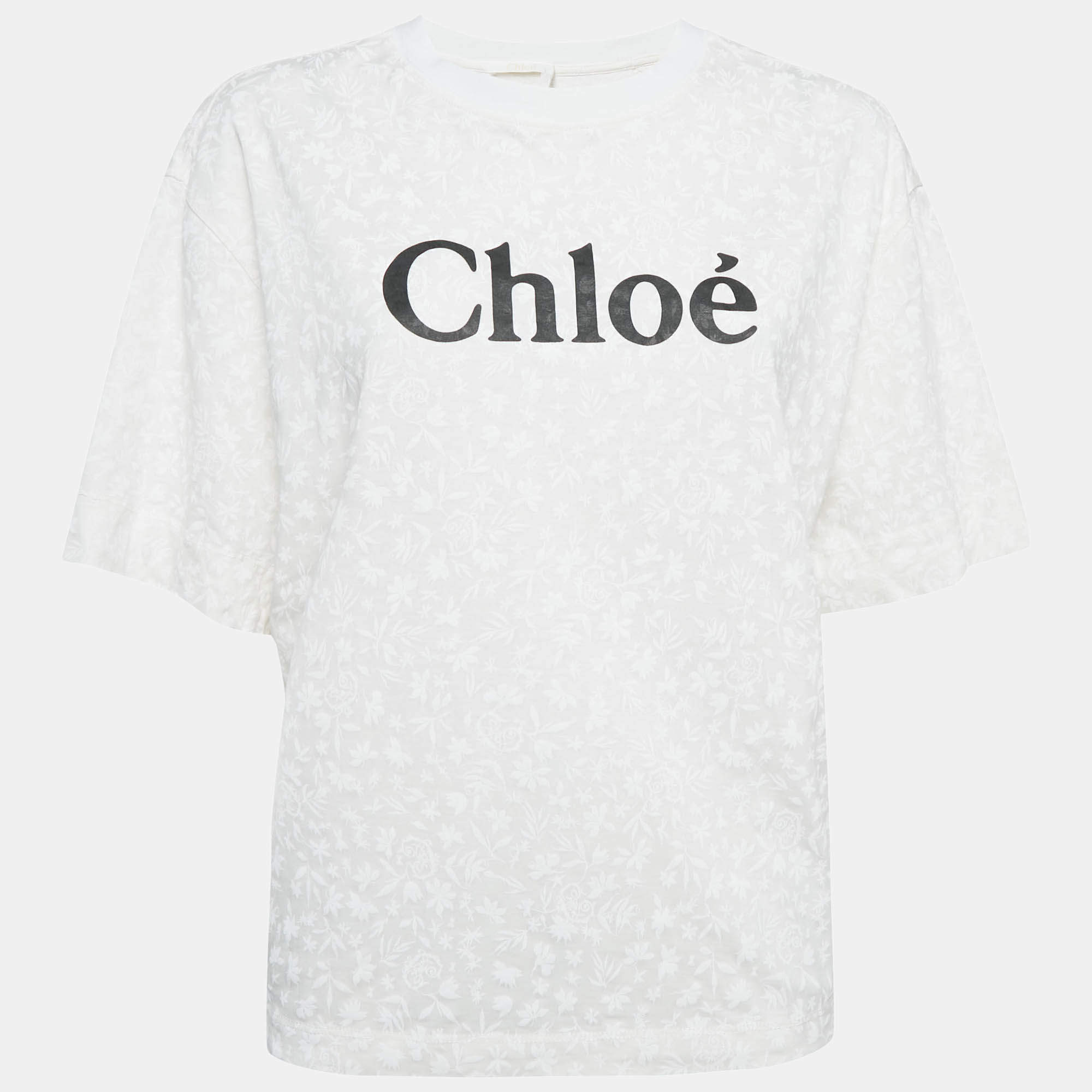 Pre Owned Chloe Off White Floral and Logo Print Jersey T-Shirt S