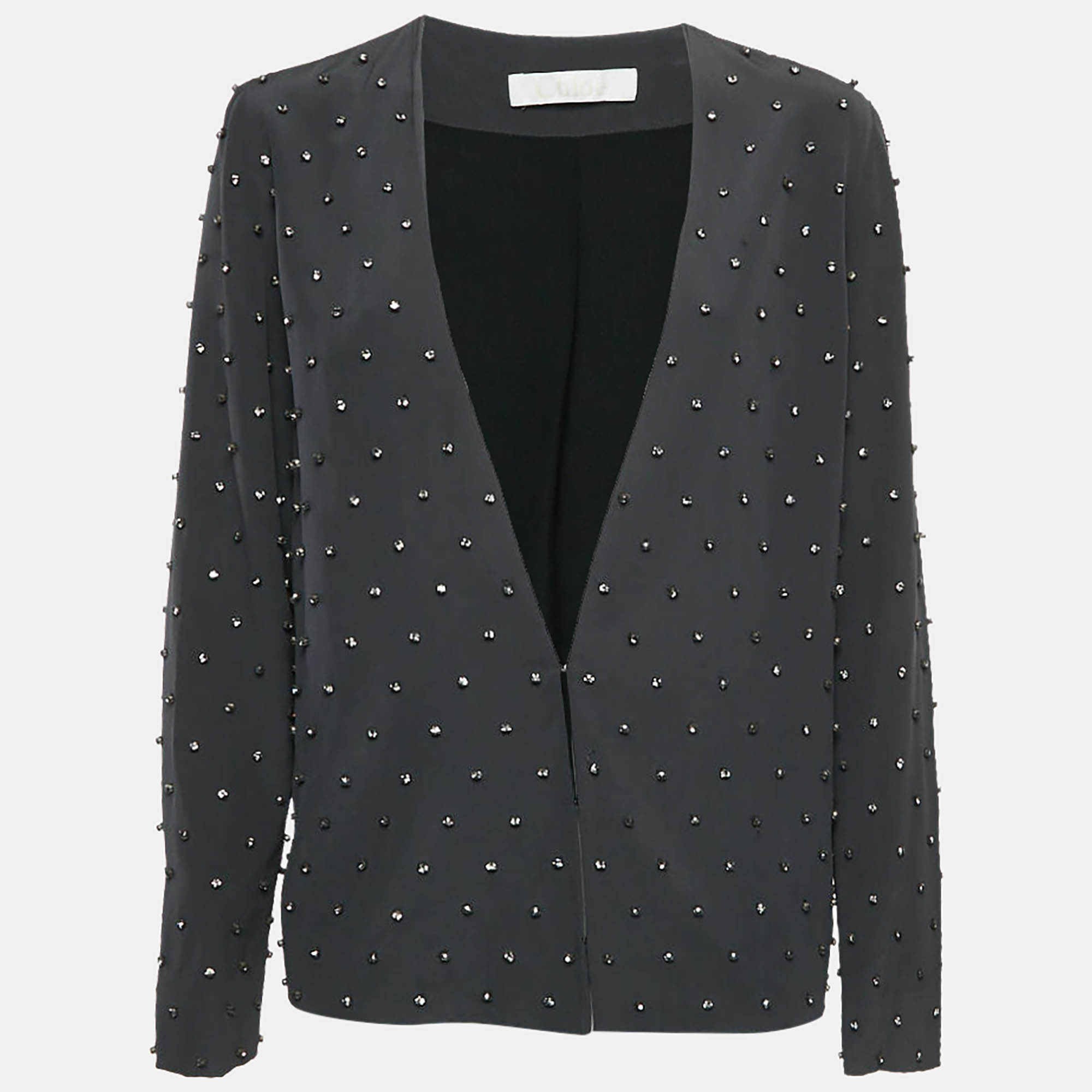 Pre Owned Chloe Charcoal Grey Rhinestone Embellished Silk Jacket M