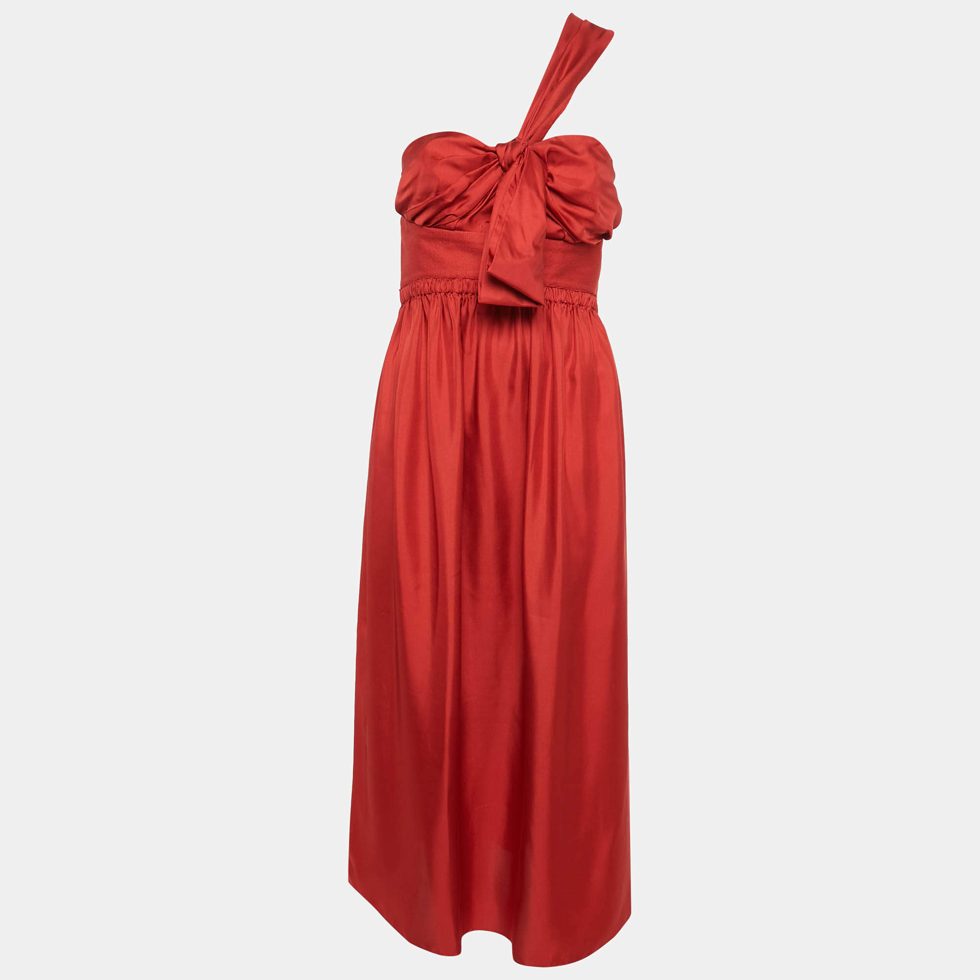 Chloe Red Silk One Shoulder Midi Dress M