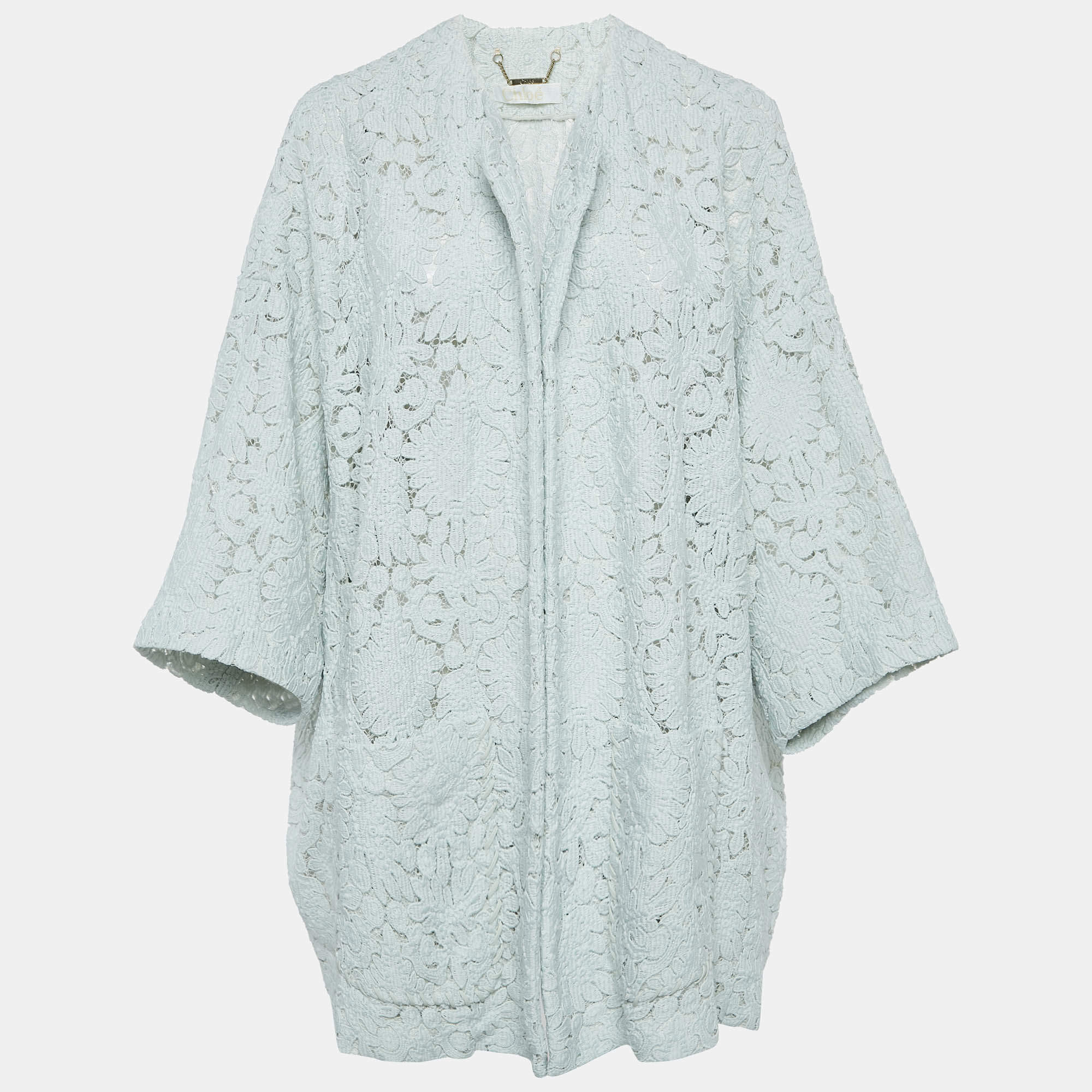 Pre Owned Chloe Faded Mint Blue Lace Open Front Jacket M