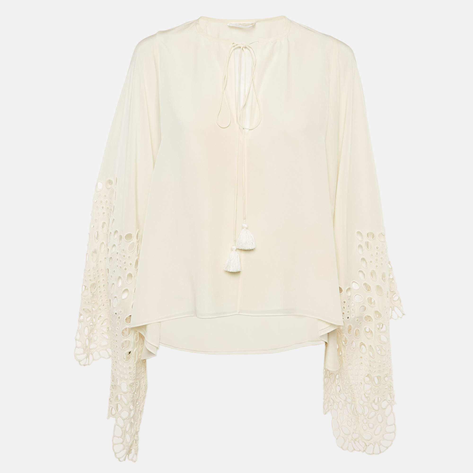 Pre Owned Chloe Cream Lace Trim Silk Blouse M