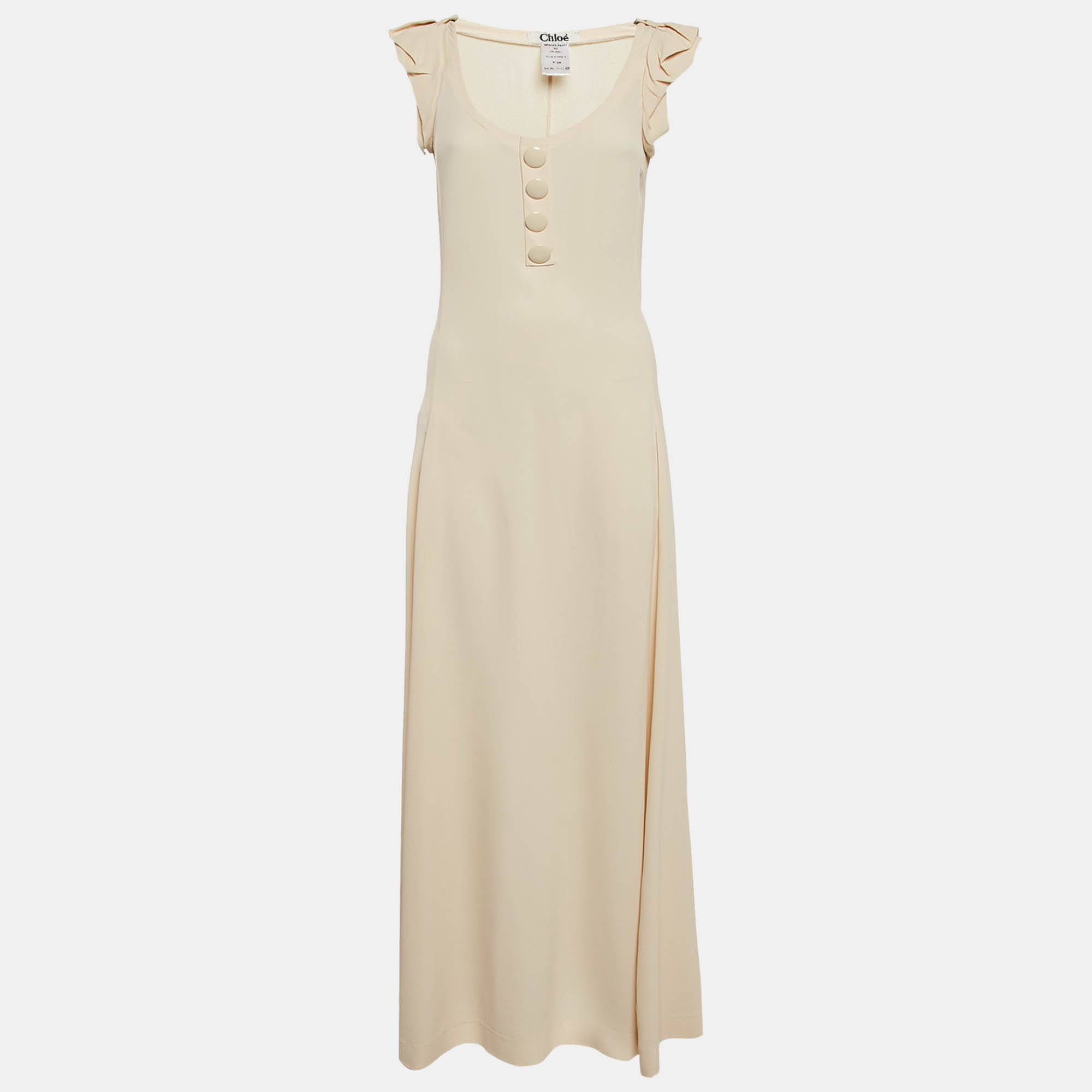 Chloe Cream Silk Blend Crepe Button Detail Maxi Dress M