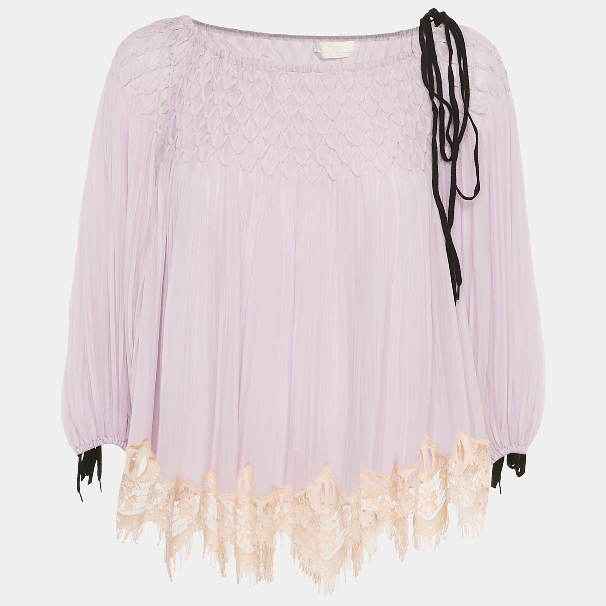 Pre Owned Chloe Lavender Chiffon and Lace Shirring Blouse S