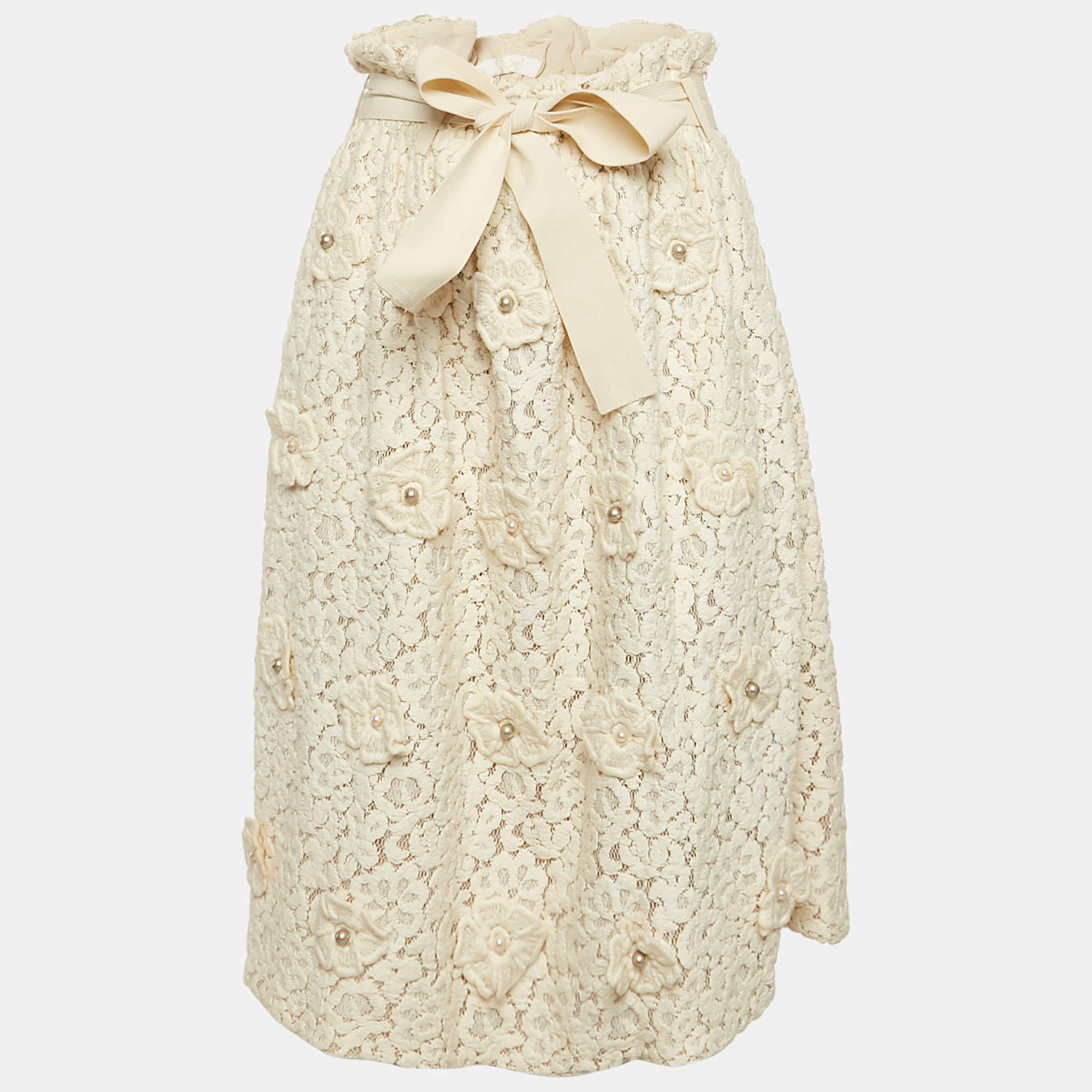 Pre Owned Chloe Off-White Floral Lace Applique Detail Belted Midi Skirt M