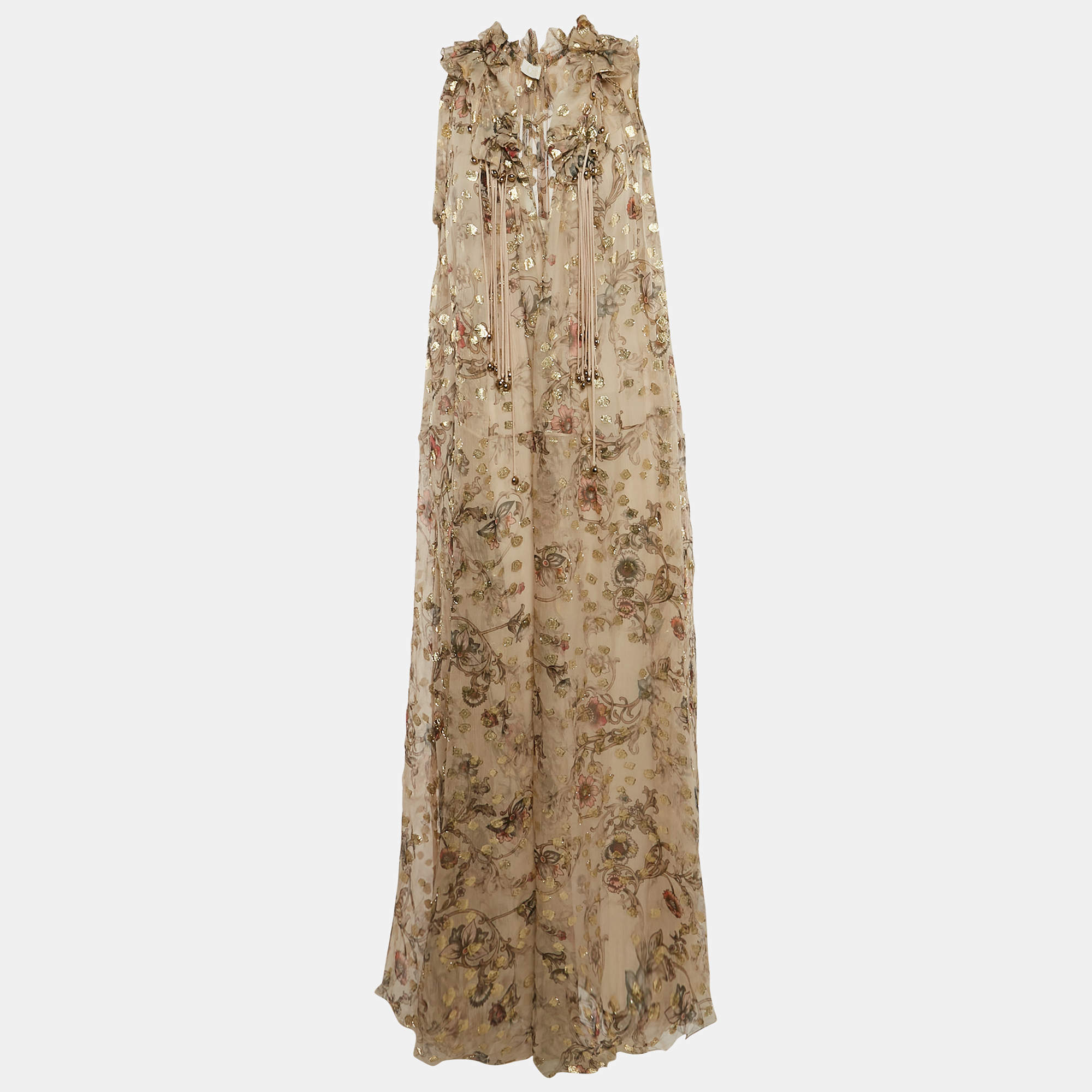 مملوكة مسبقًا Chloe Pale Nude Beige Printed Lurex Fil Coupe Crepe Maxi Dress S
