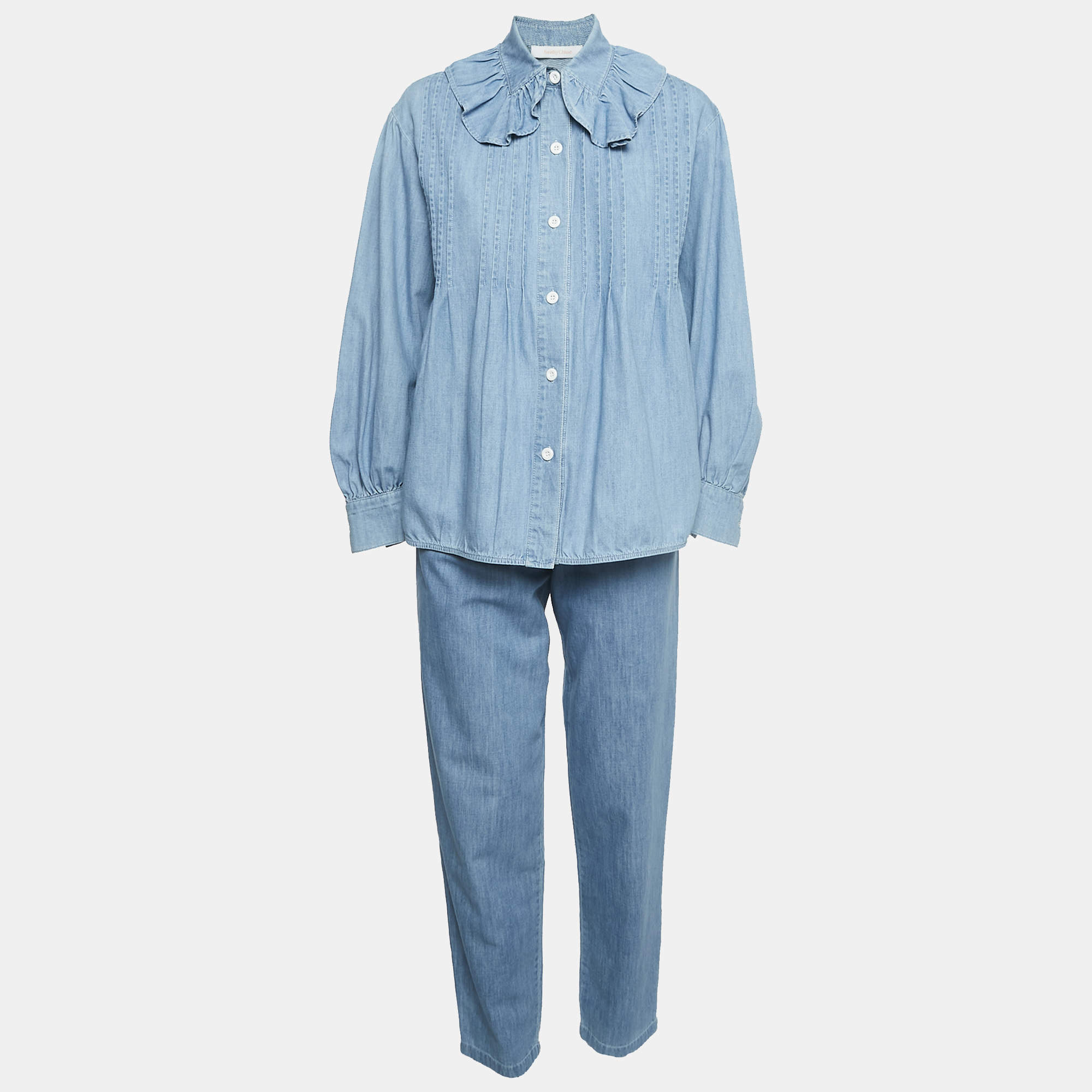 Chloe Blue Eternal Blue Denim Ruffled Blouse and Trousers Set S