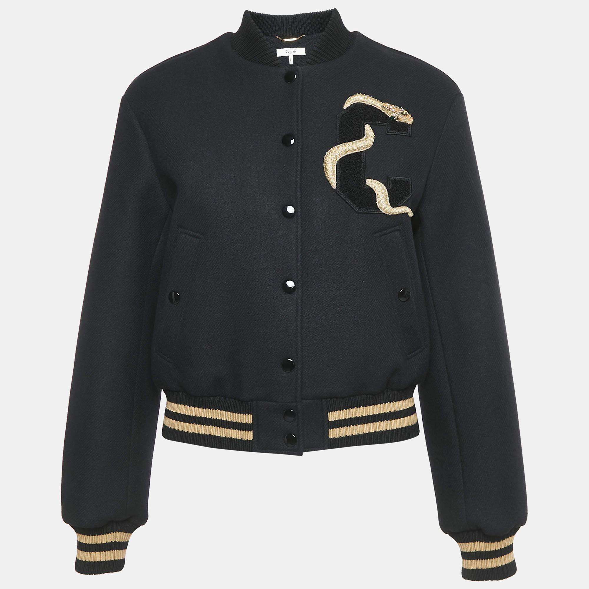 Chloe Black Snake Embroidered Wool Drill Bomber Jacket S