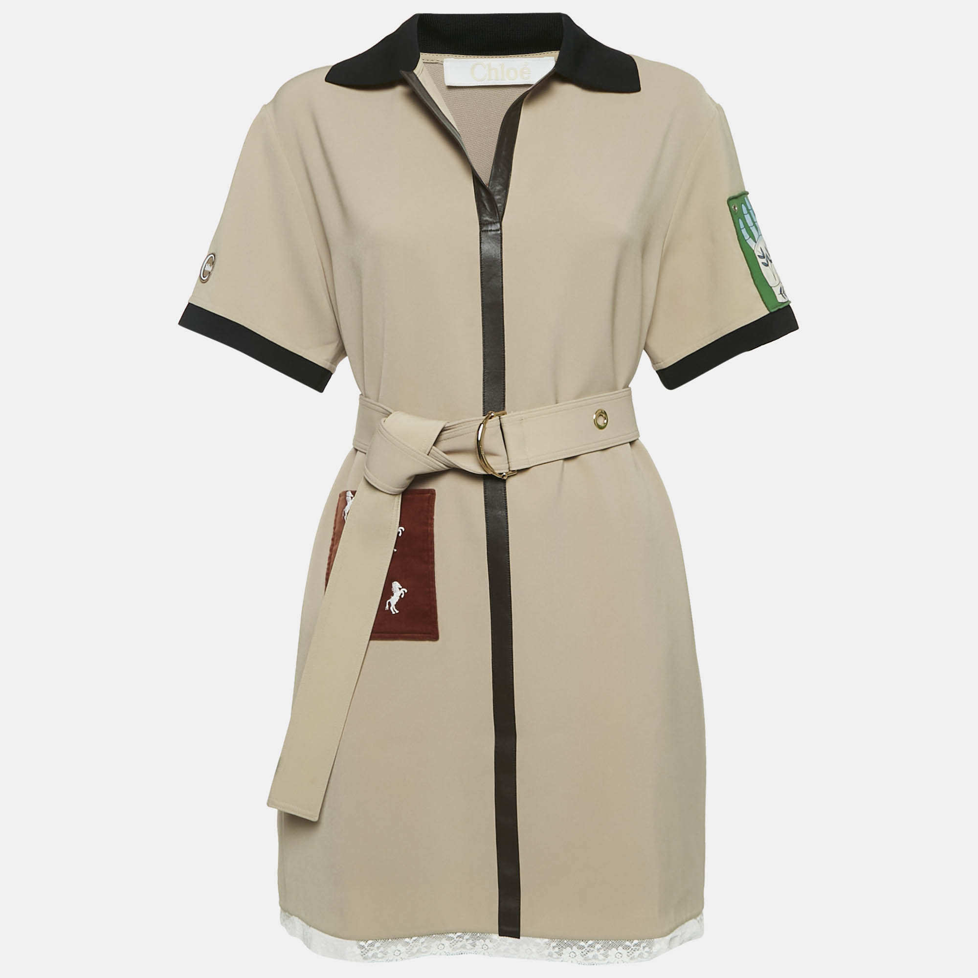 Chloe Brown Lace Trim Crepe Mini Dress M