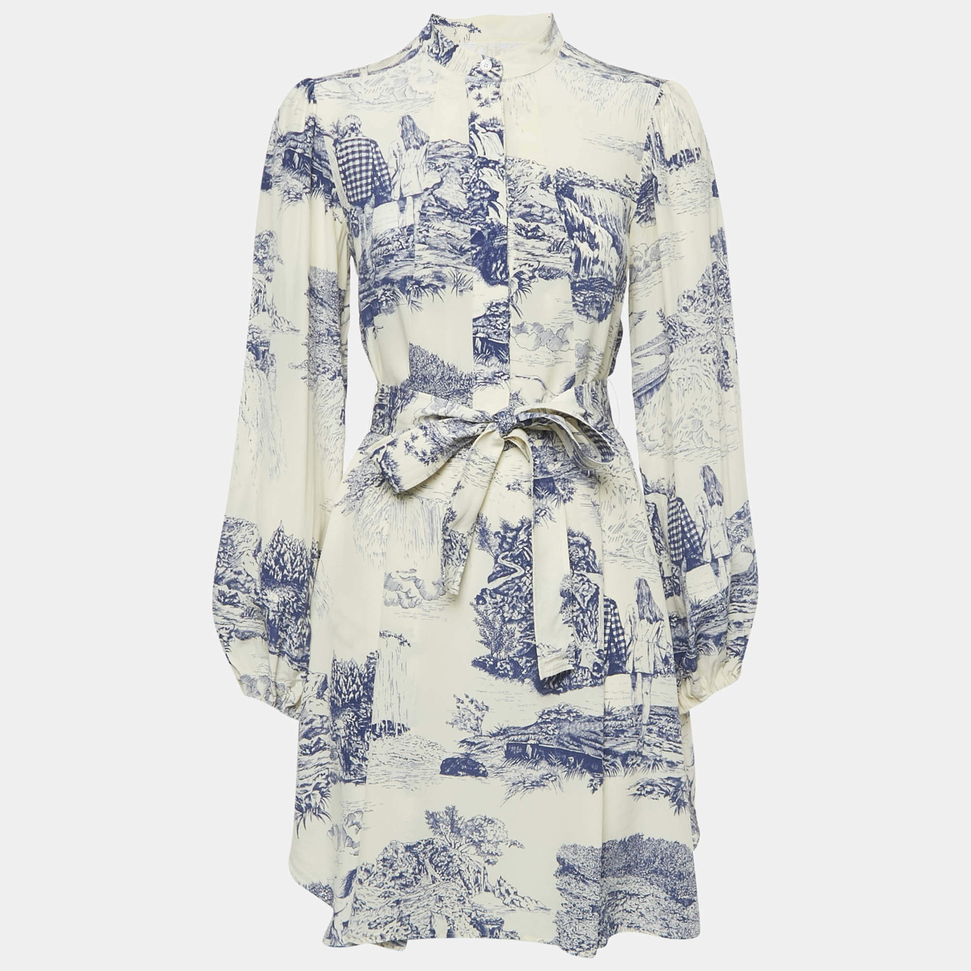 Pre Owned Chloe Cream/Blue Printed Silk Mini Dress S