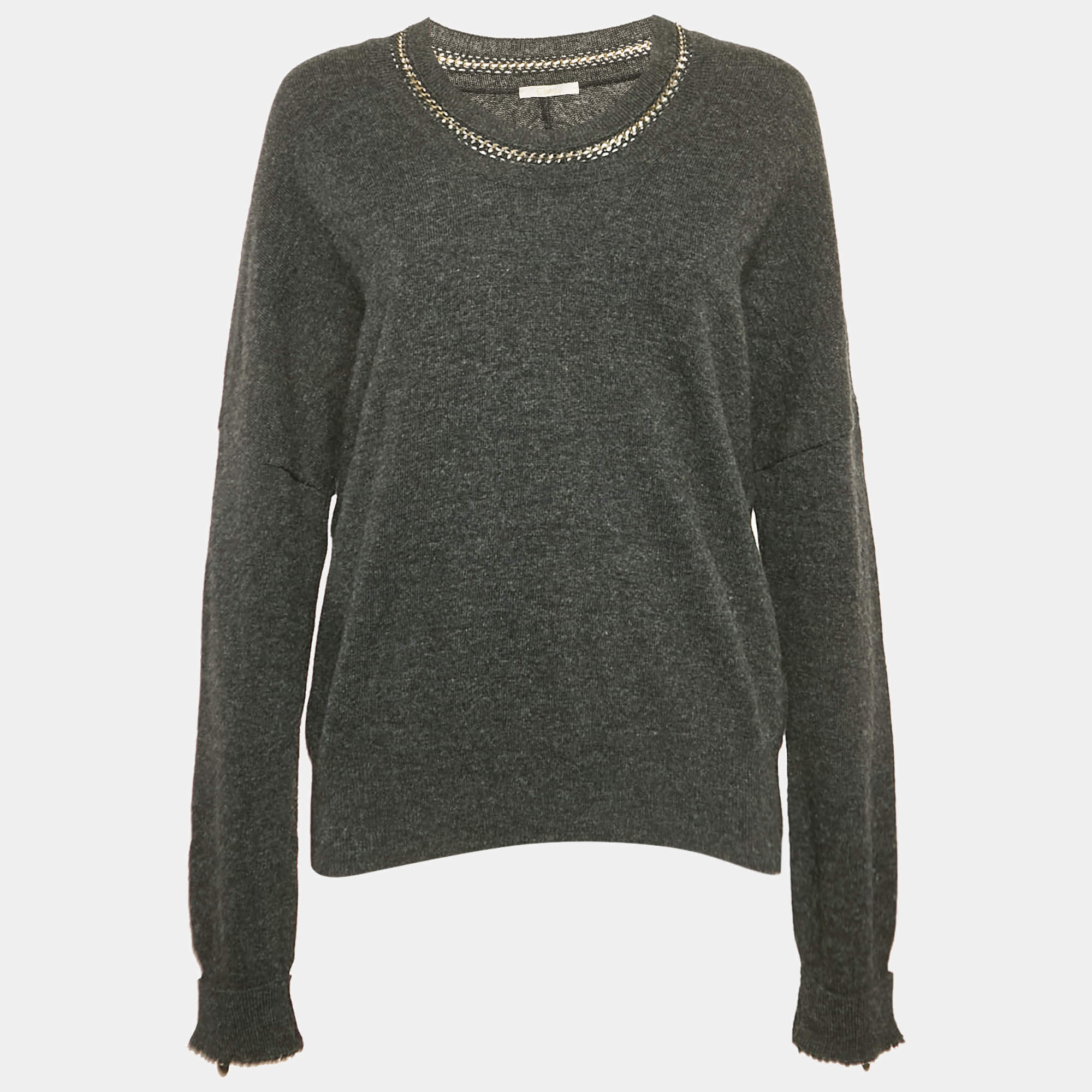 Chloe Grey Merino Wool Chain Embellished Sweater S