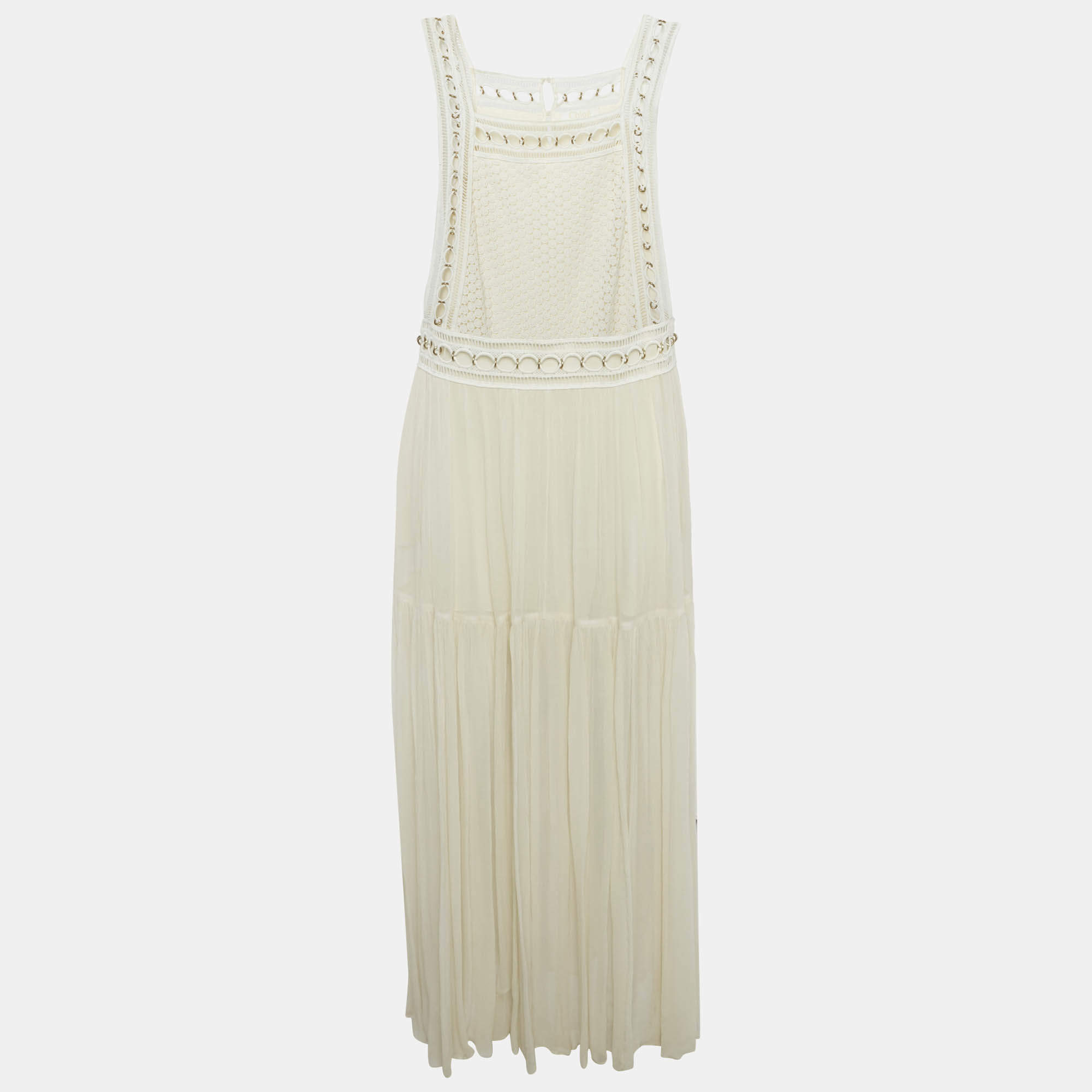 Chloé Milk White Lace and Crepe Silk Metal Ring Detail Maxi Dress M