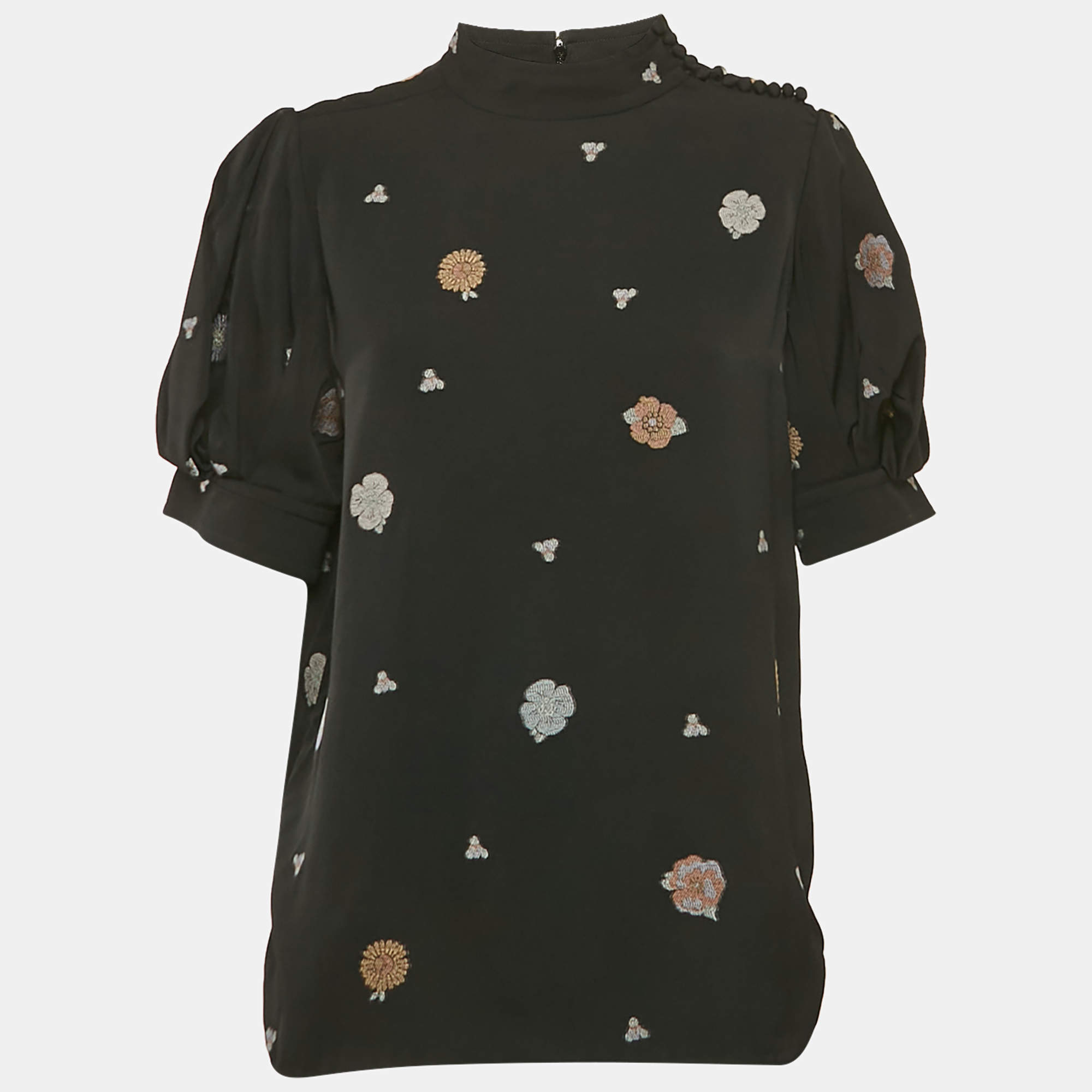 Chloé Black Brocade Puff Sleeve Top L