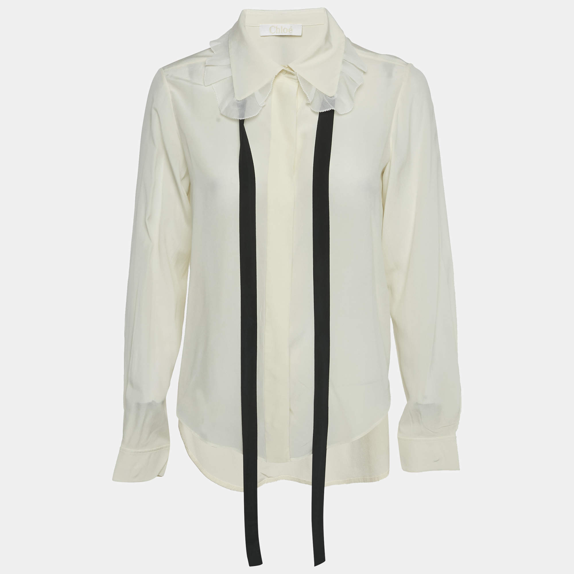 Chloe Cream Silk Chiffon Contrast Neck Detail Shirt M