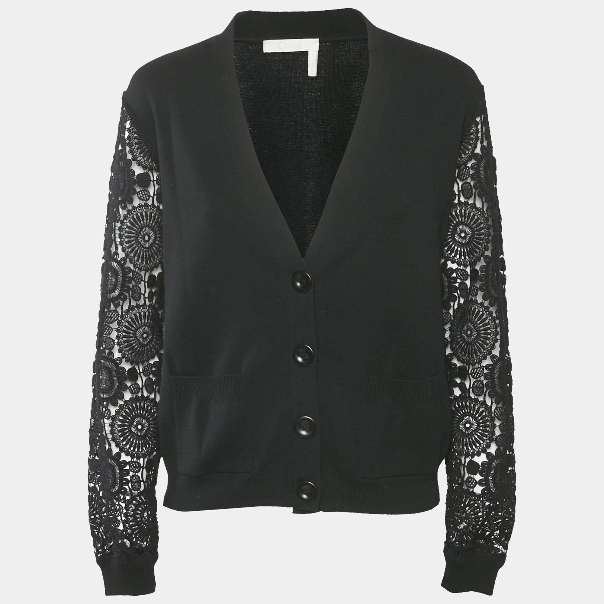 Pre Owned Chloé Black Wool and Lace Button Front Cardigan M