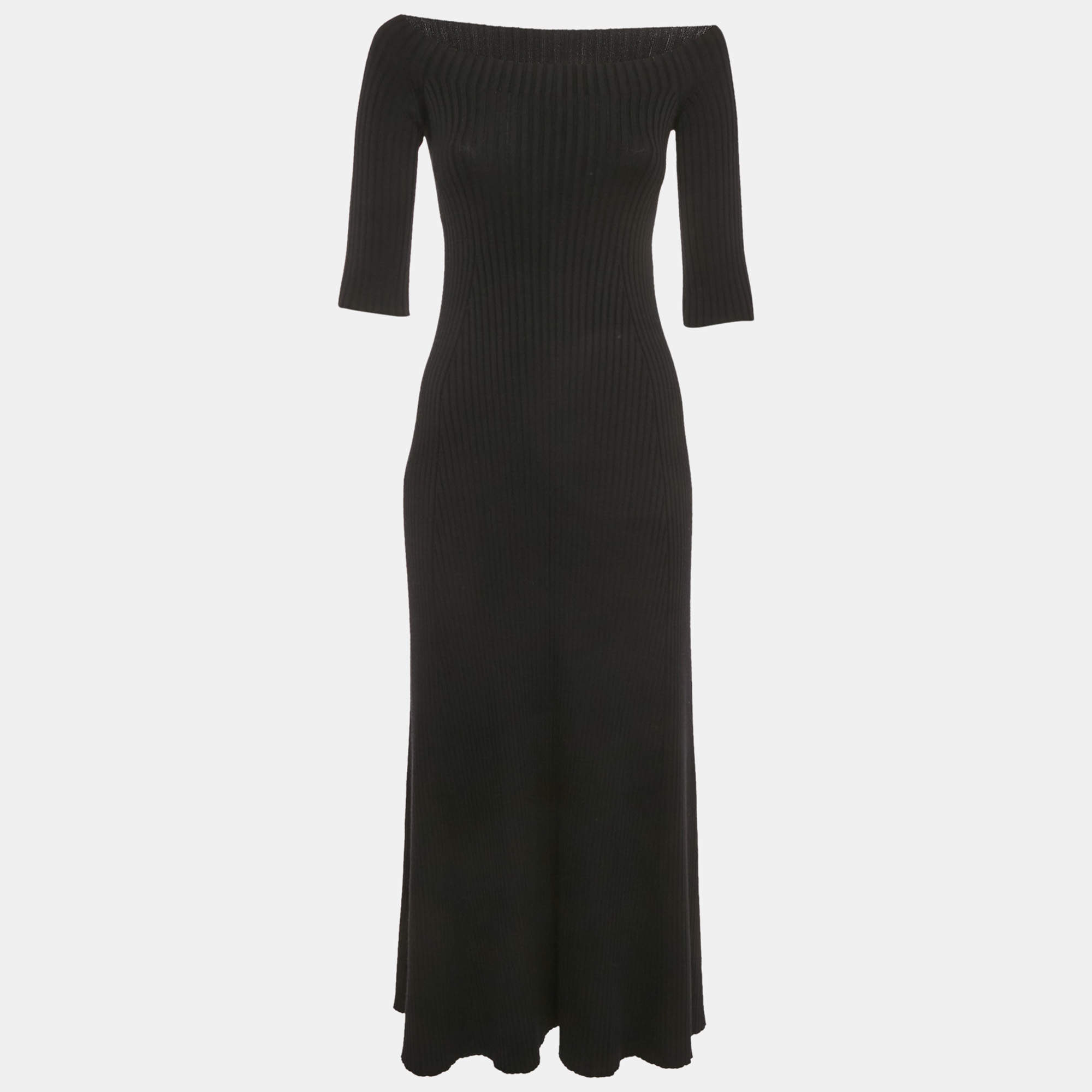 Pre Owned Chloé Black Rib Knit High Neck Flared Midi Dress XS