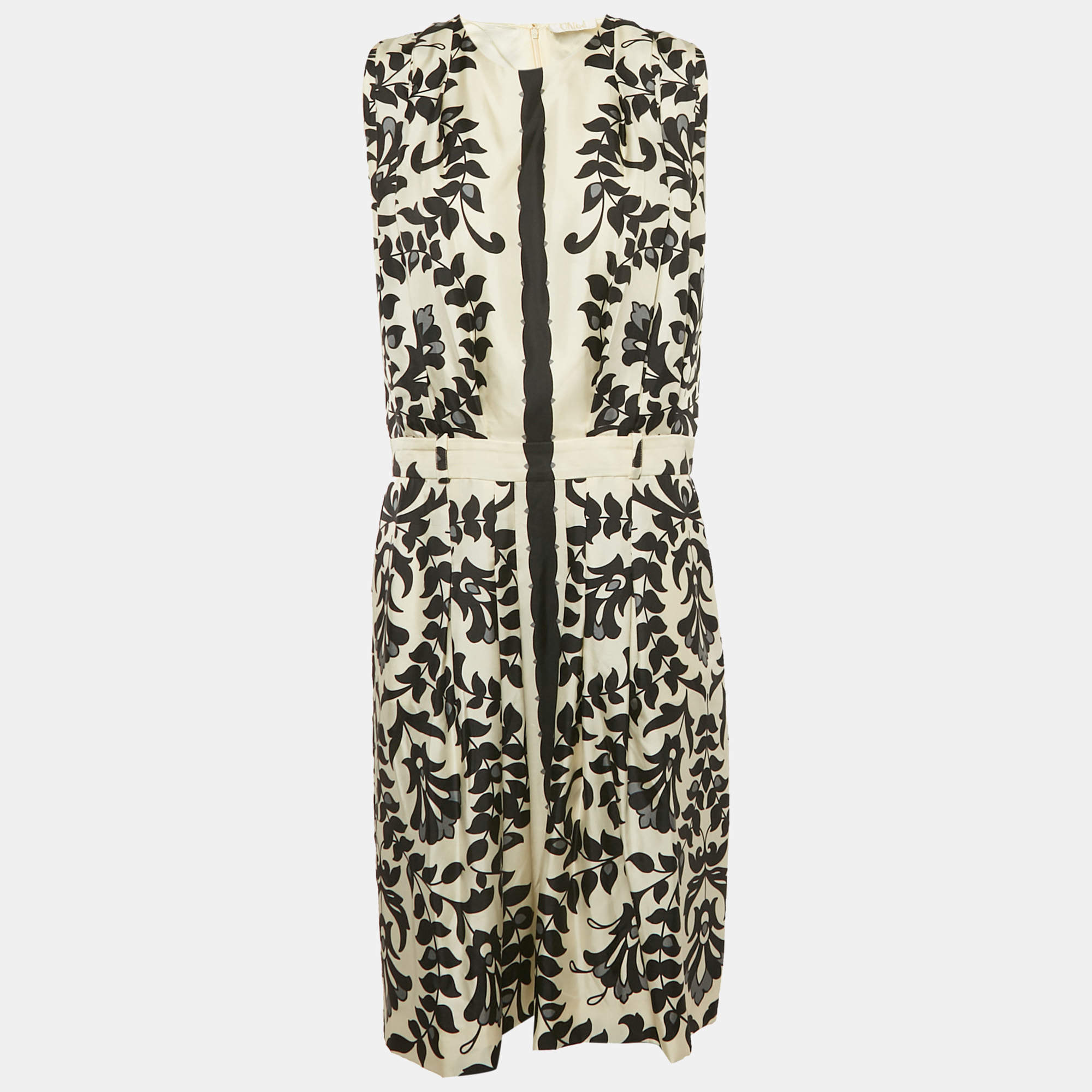 Pre Owned Chloe Black/White Printed Silk Sleeveless Knee-Length Dress M
