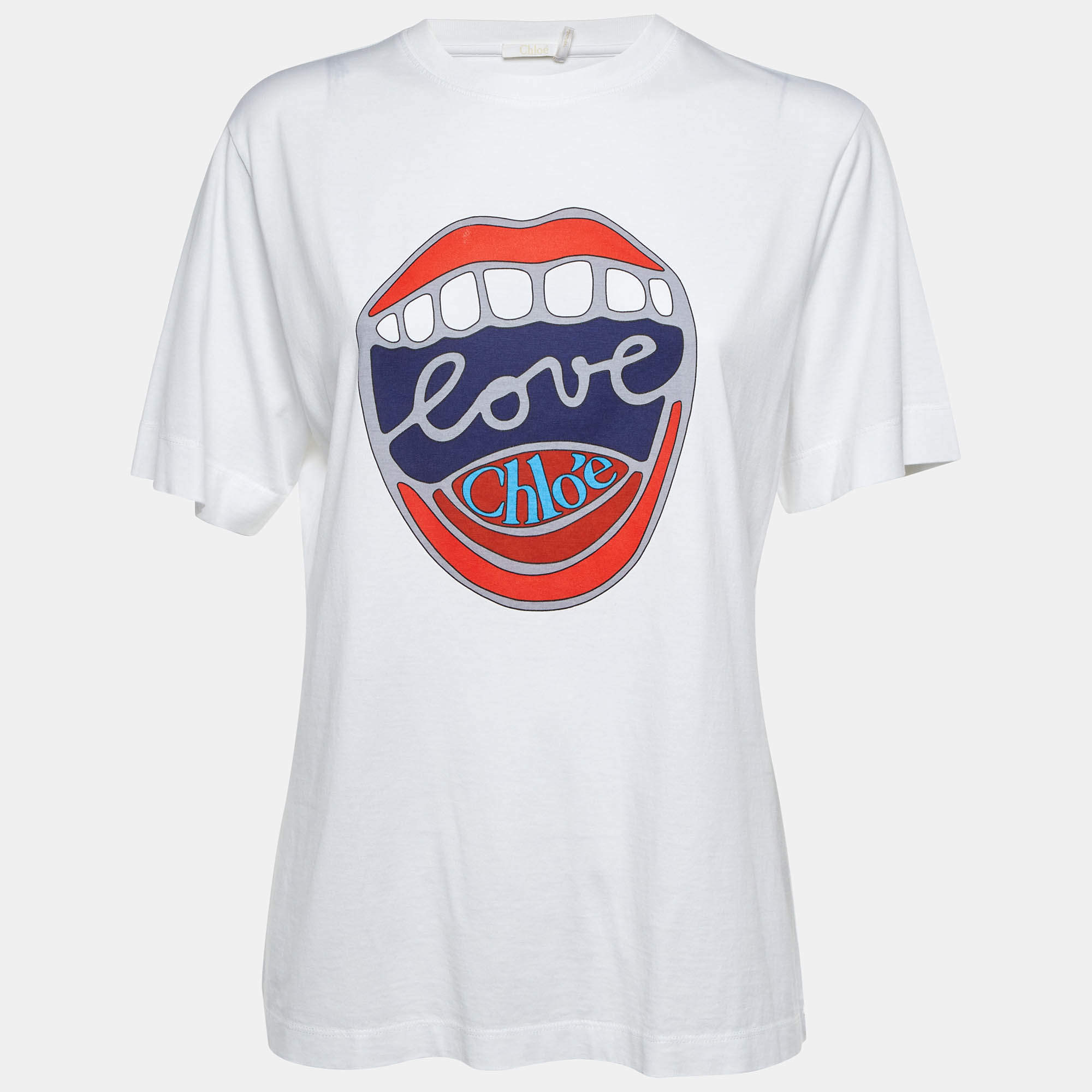 Pre Owned Chloe White Pop Art Print Cotton Crew Neck T-Shirt S