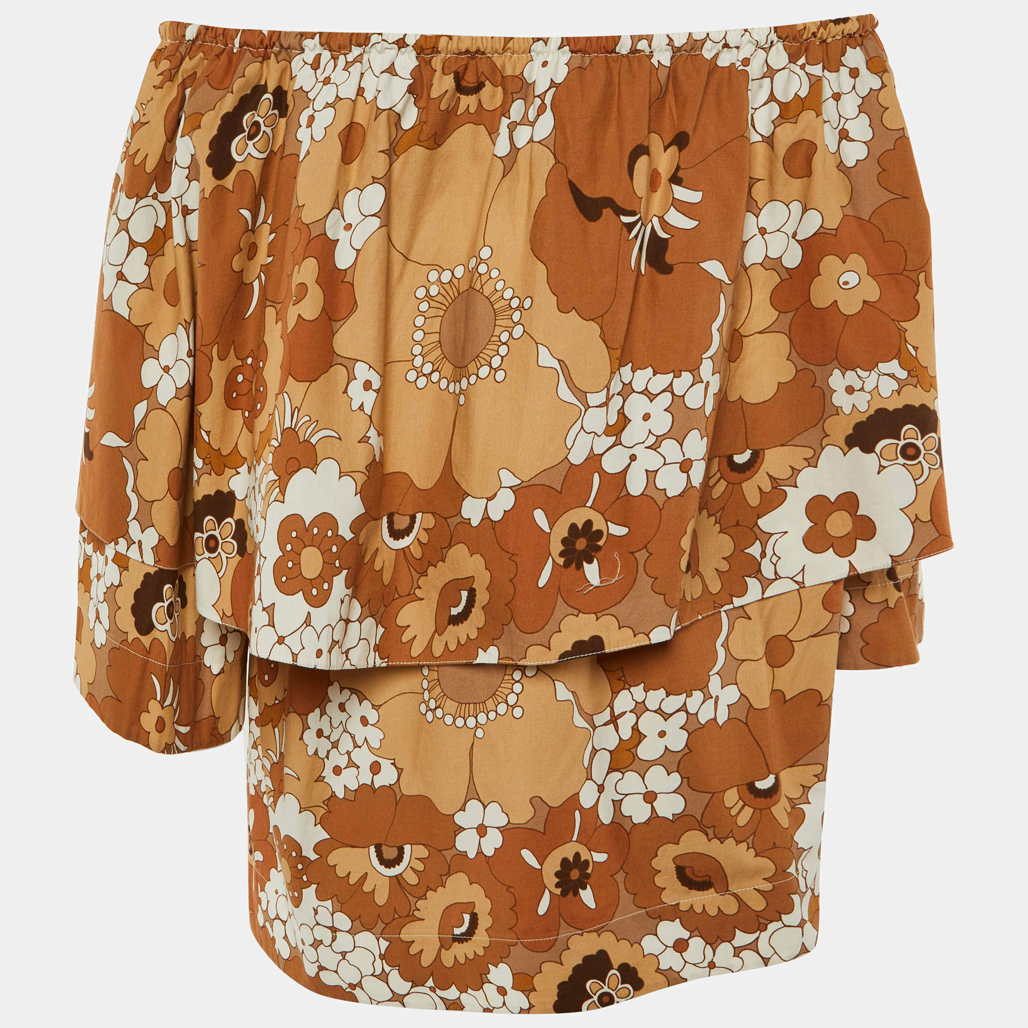 مملوكة مسبقًا بلوزة كلوي قطن بني مطبوع بأزهار مكشوفة الأكتاف مقاس صغير