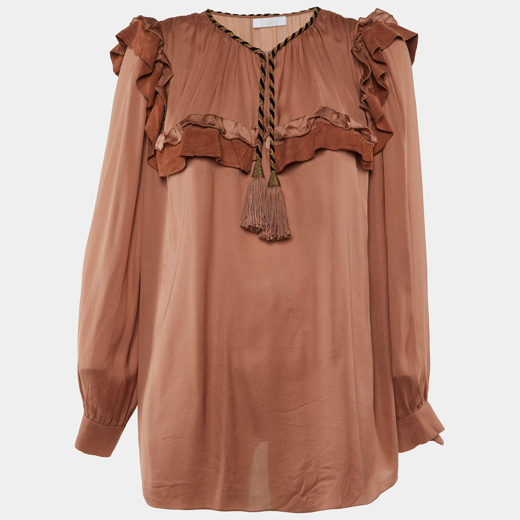 Pre Owned Chloe Brown Silk Ruffle Suede Trim Top M