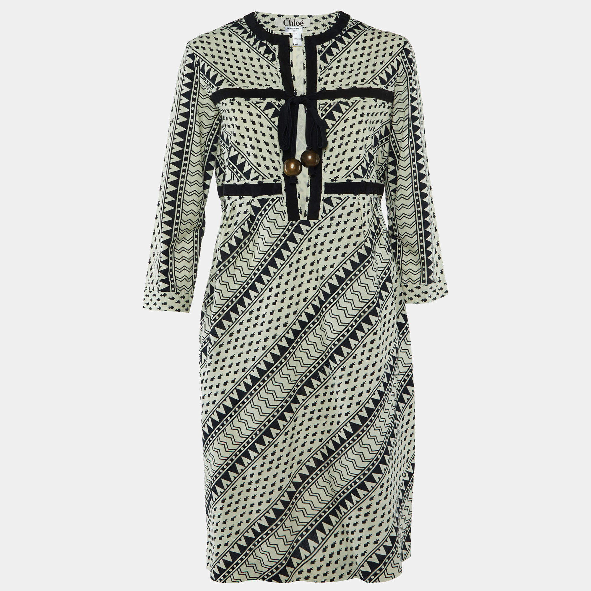 Pre Owned Chloe Black Printed Cotton Tie Detail Midi Dress L