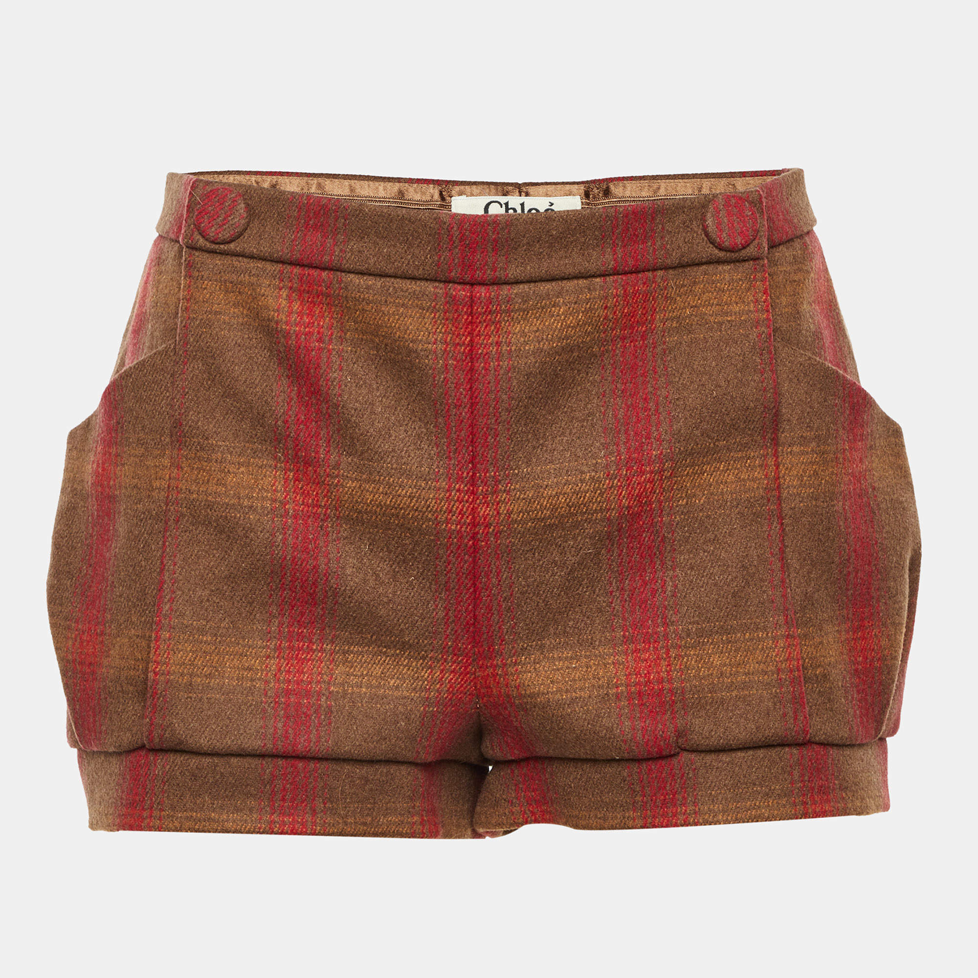Pre Owned Chloe Brown/Red Plaid Check Wool Shorts S