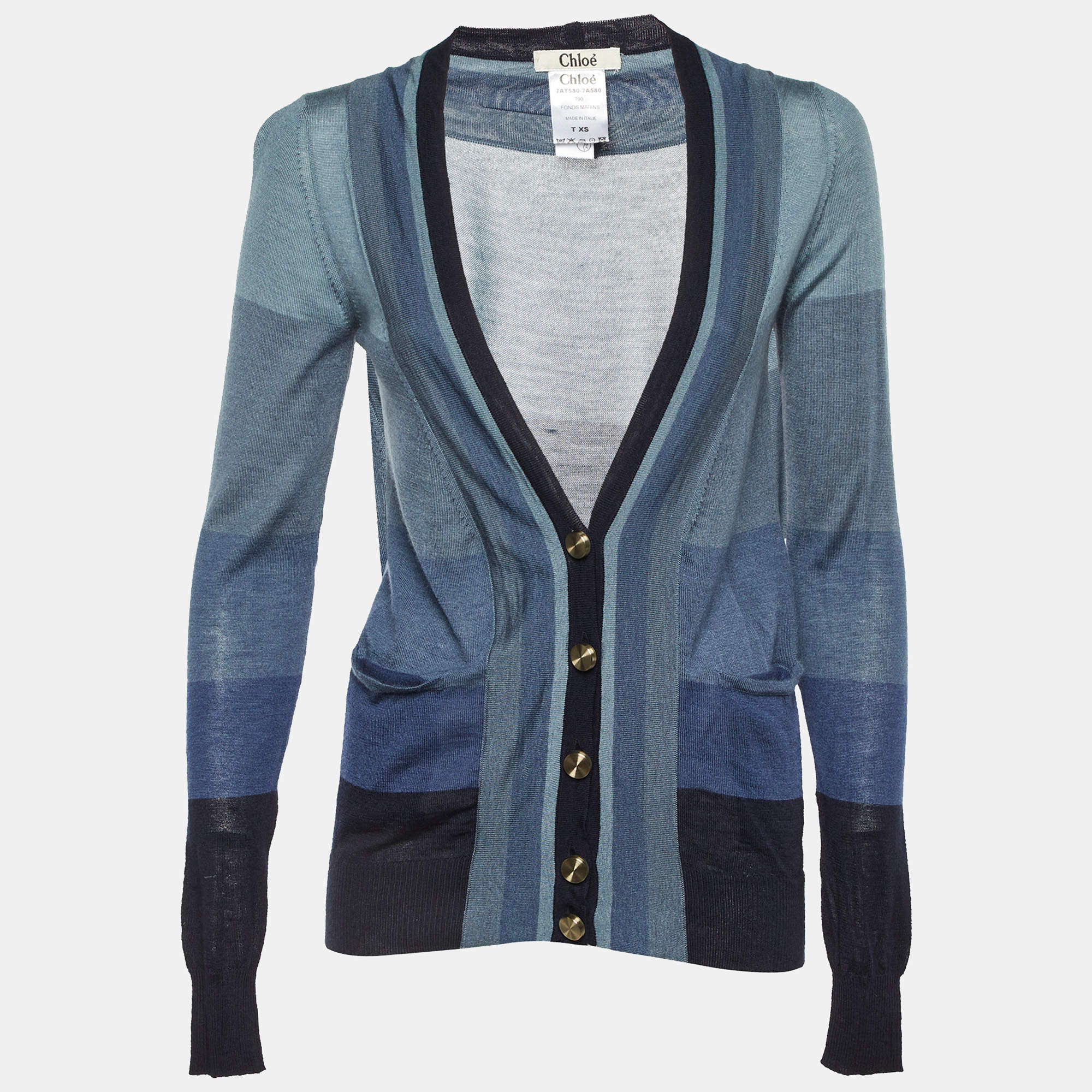 Pre Owned Chloe Grey/Blue Striped Cashmere & Silk Button Front Cardigan XS