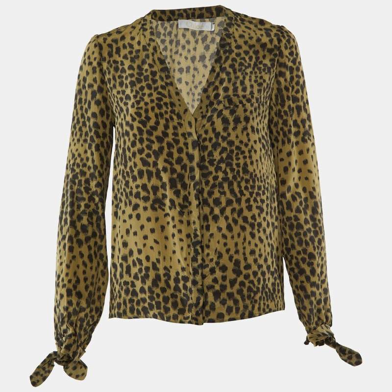 Pre Owned Chloe Taupe Green Printed Silk Button Front Blouse M