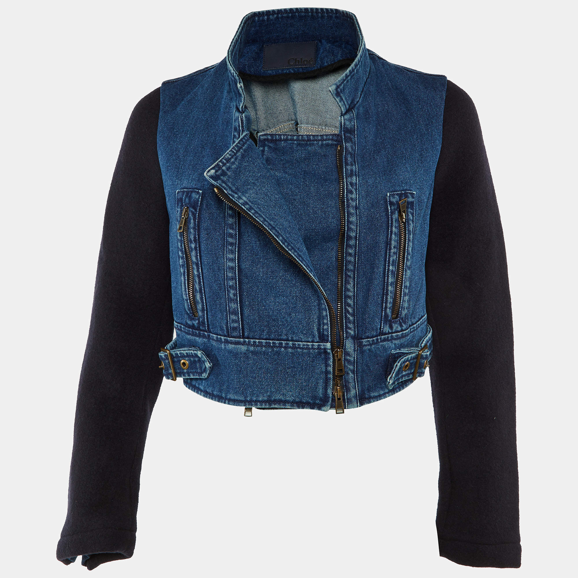 Pre Owned Chloe Blue Denim & Wool Cropped Zip Up Jacket S