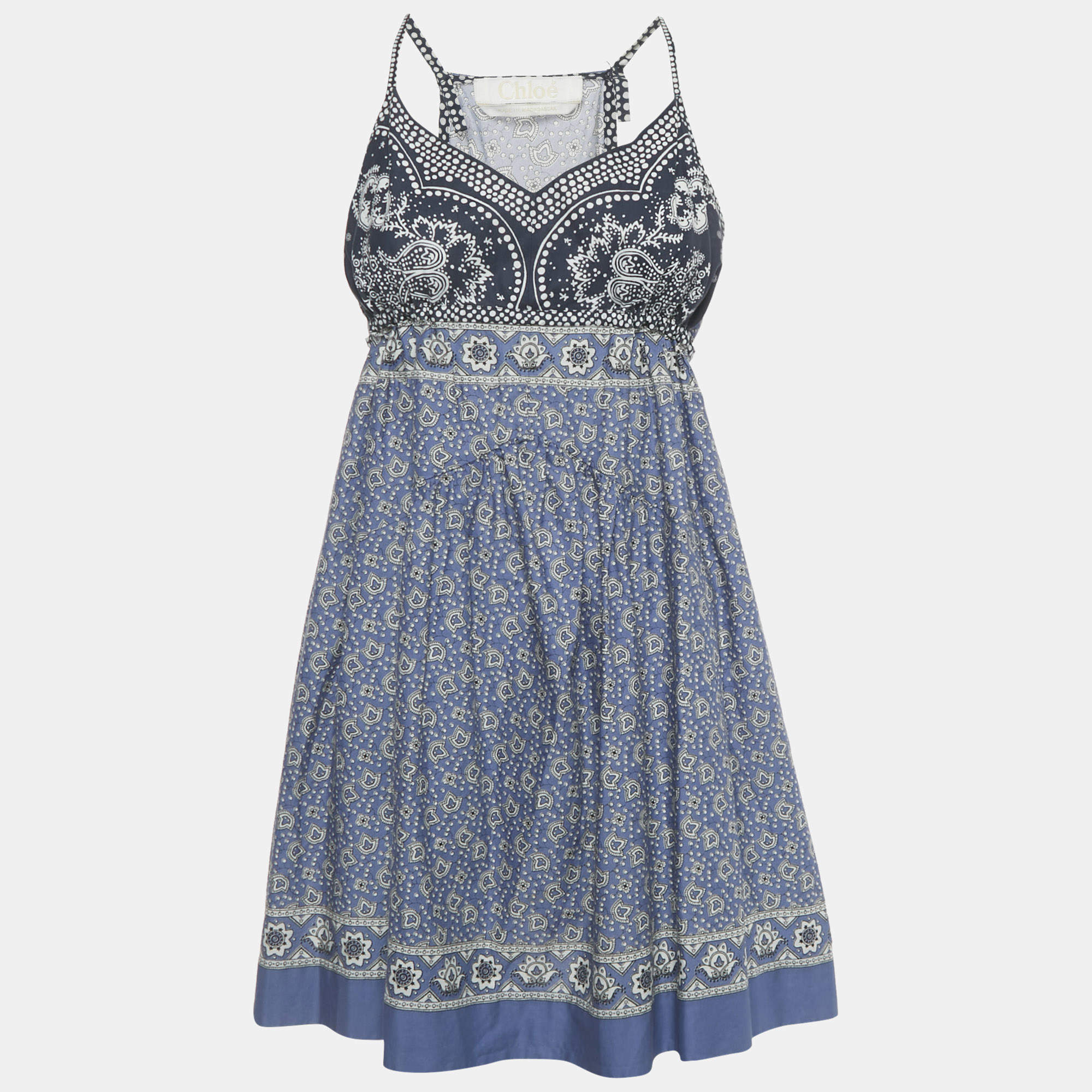 Pre Owned Chloe Blue Printed Cotton Strappy Mini Dress S