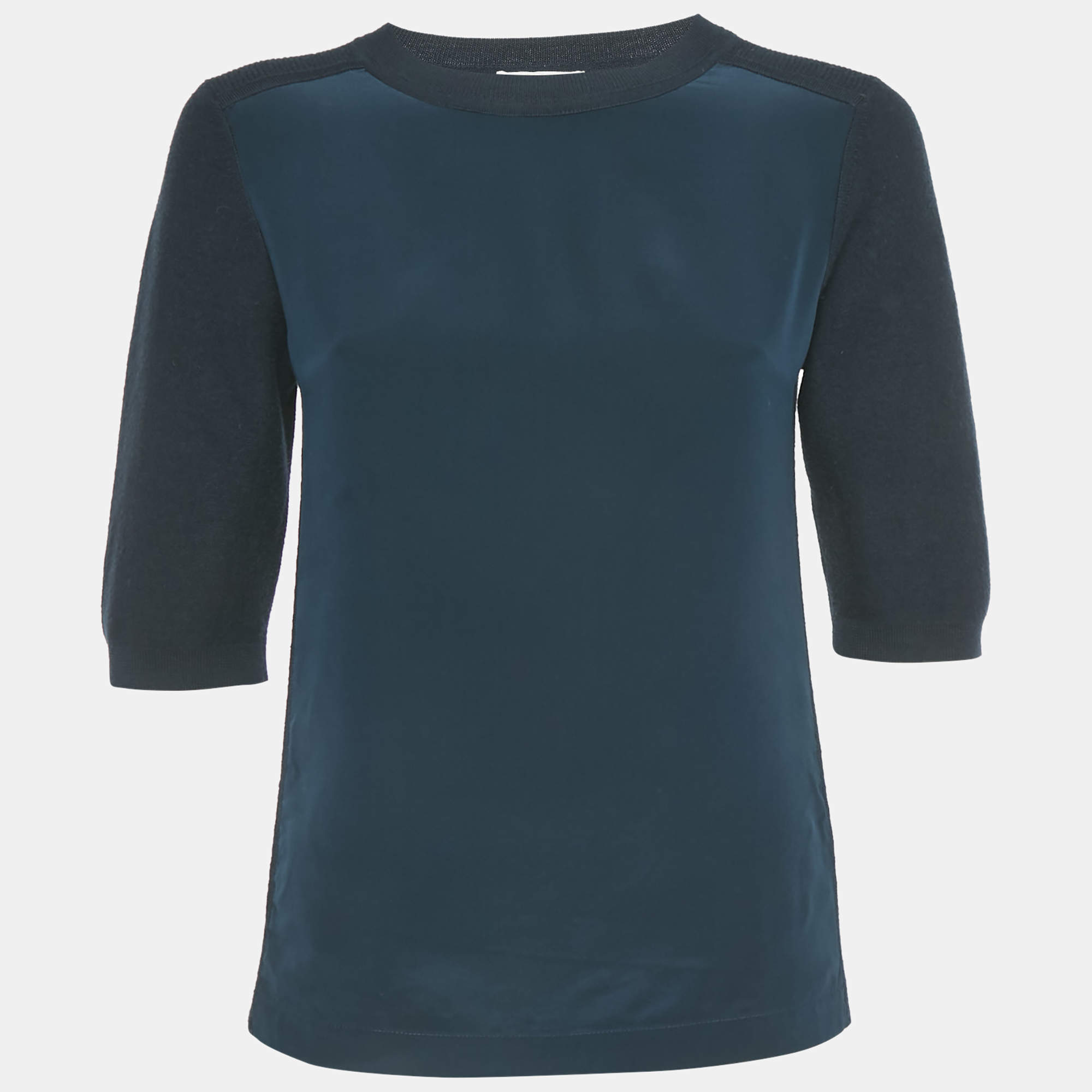 Chloe Black Navy Wool Knit and Silk Crew Neck Top XS Chloe