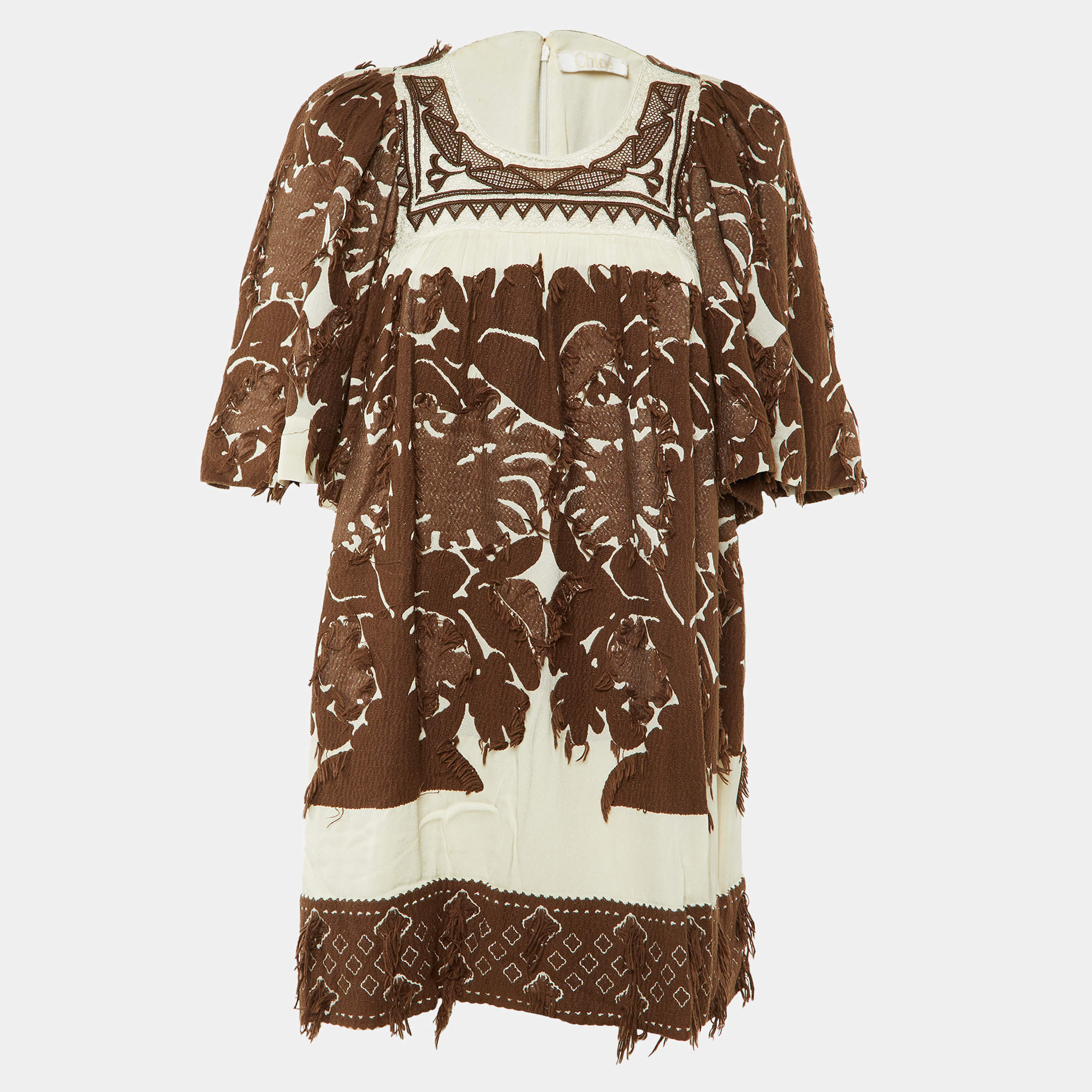 Pre Owned Chloé Havana Brown Fringed Jacquard Mini Tunic Dress S