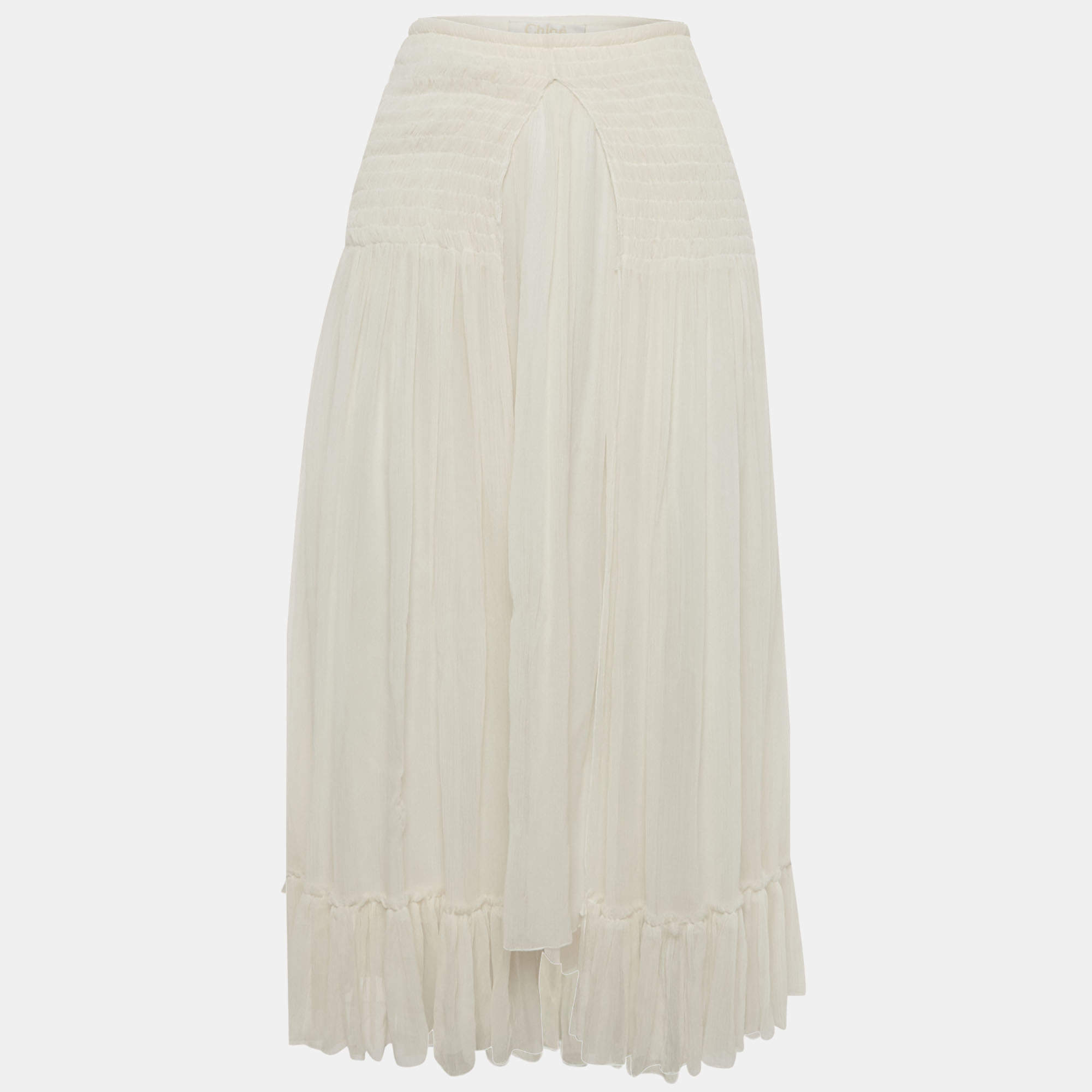 Pre Owned Chloe White/Iconic Milk Chiffon Smocked Midi Skirt S
