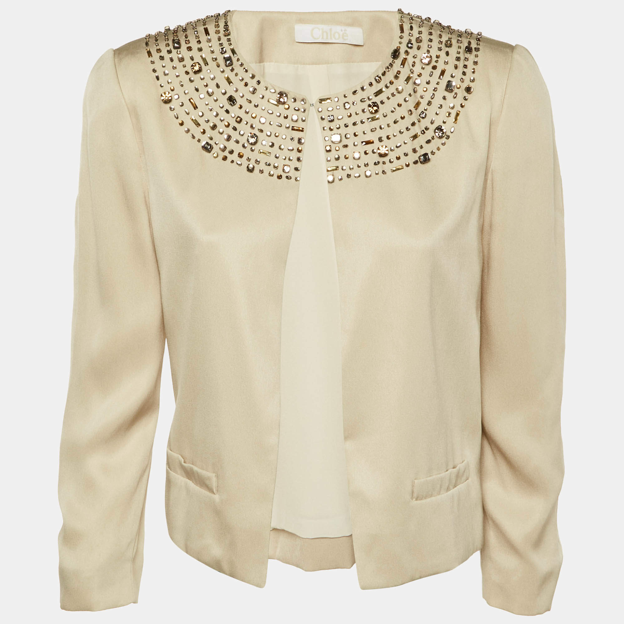 Pre Owned Chloé Sable Beige Silk Crystal Embellished Jacket M