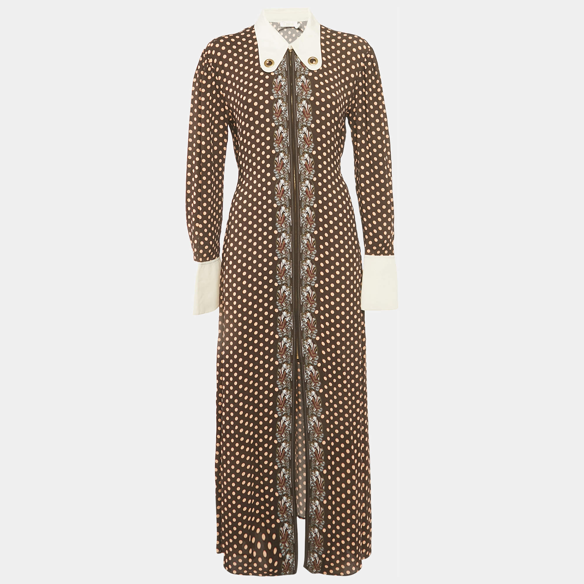 Pre Owned Chloé Brown Printed Crepe & Silk Maxi Dress L