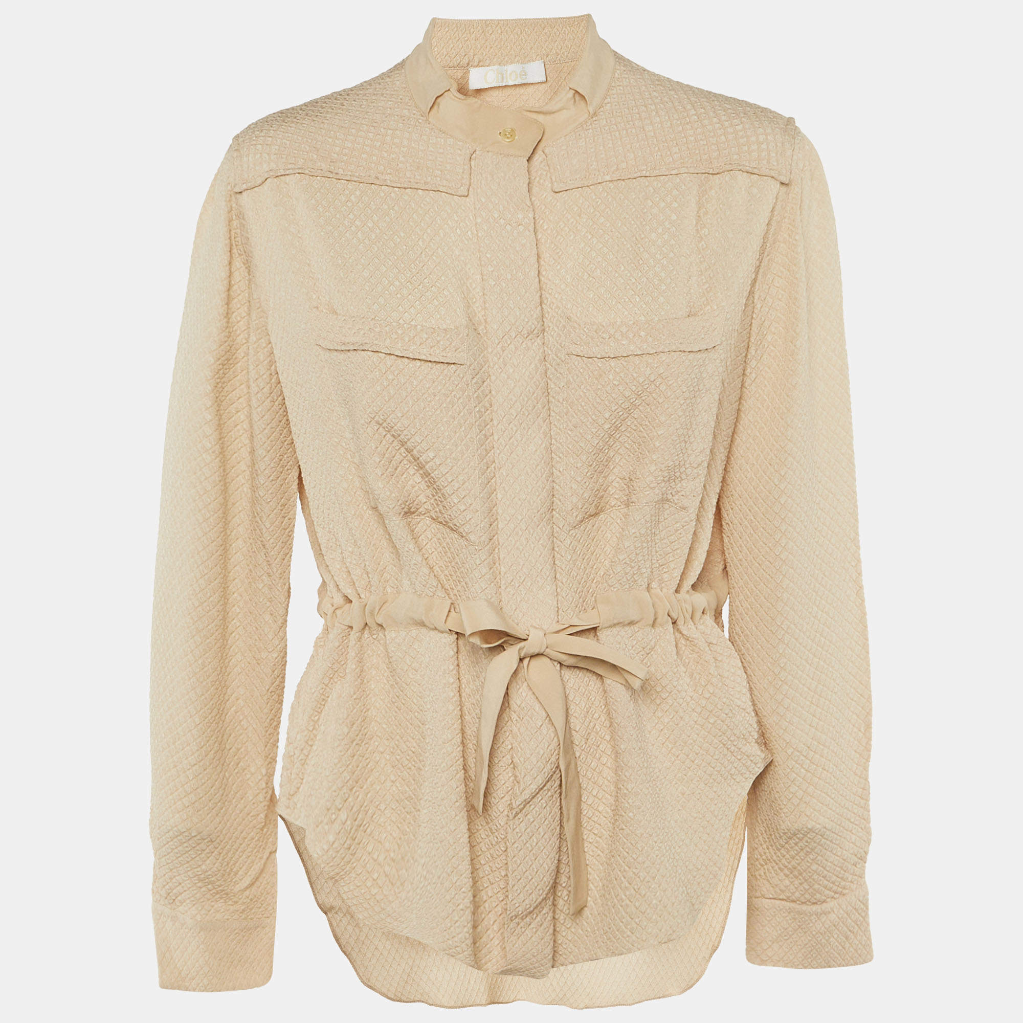 Pre Owned Chloe Beige Embossed Silk Blend Tie Waist Blouse L