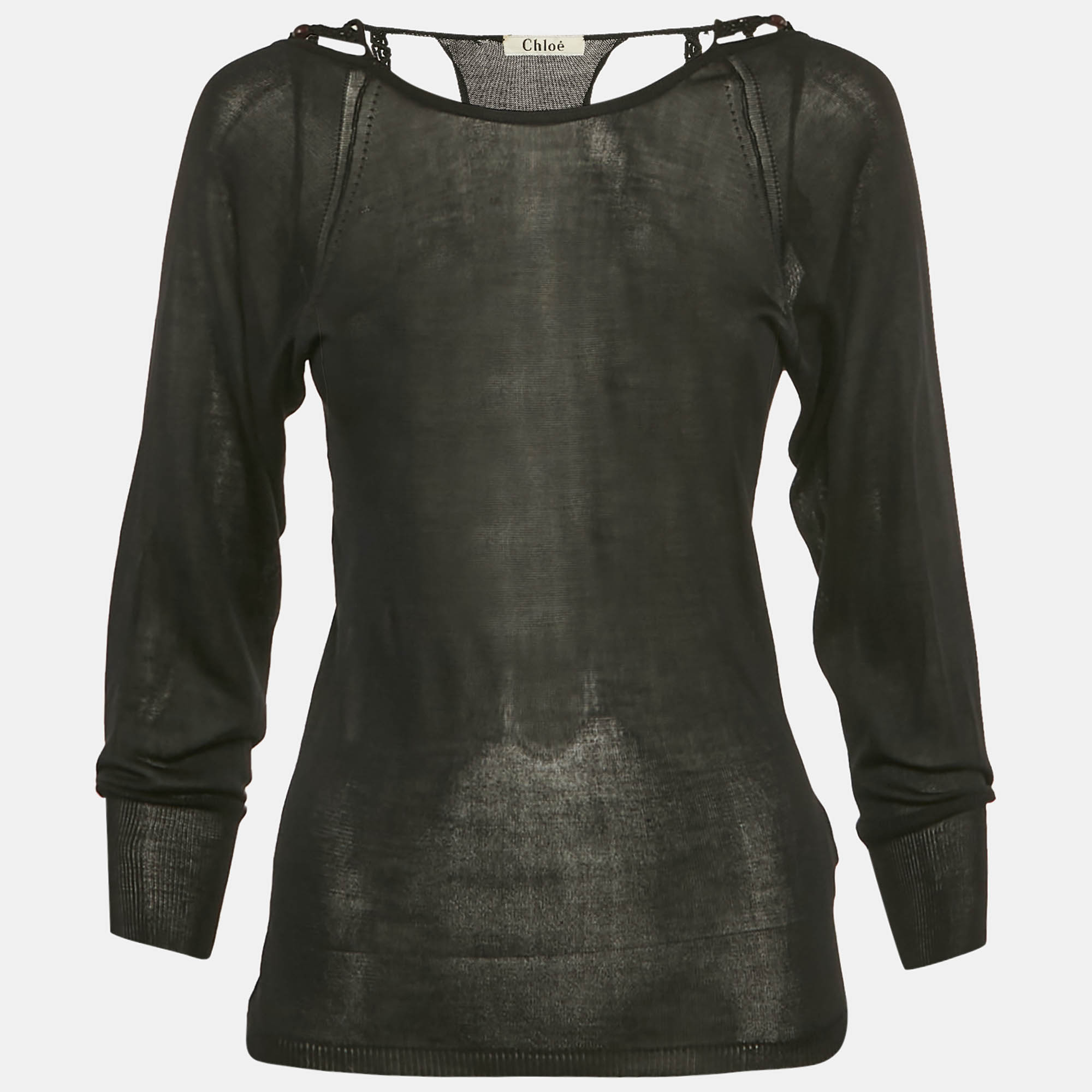 مملوكة مسبقًا توب كلوي شير أكمام طويلة حياكة حرير أسود مقاس صغير (صغير جدًا)