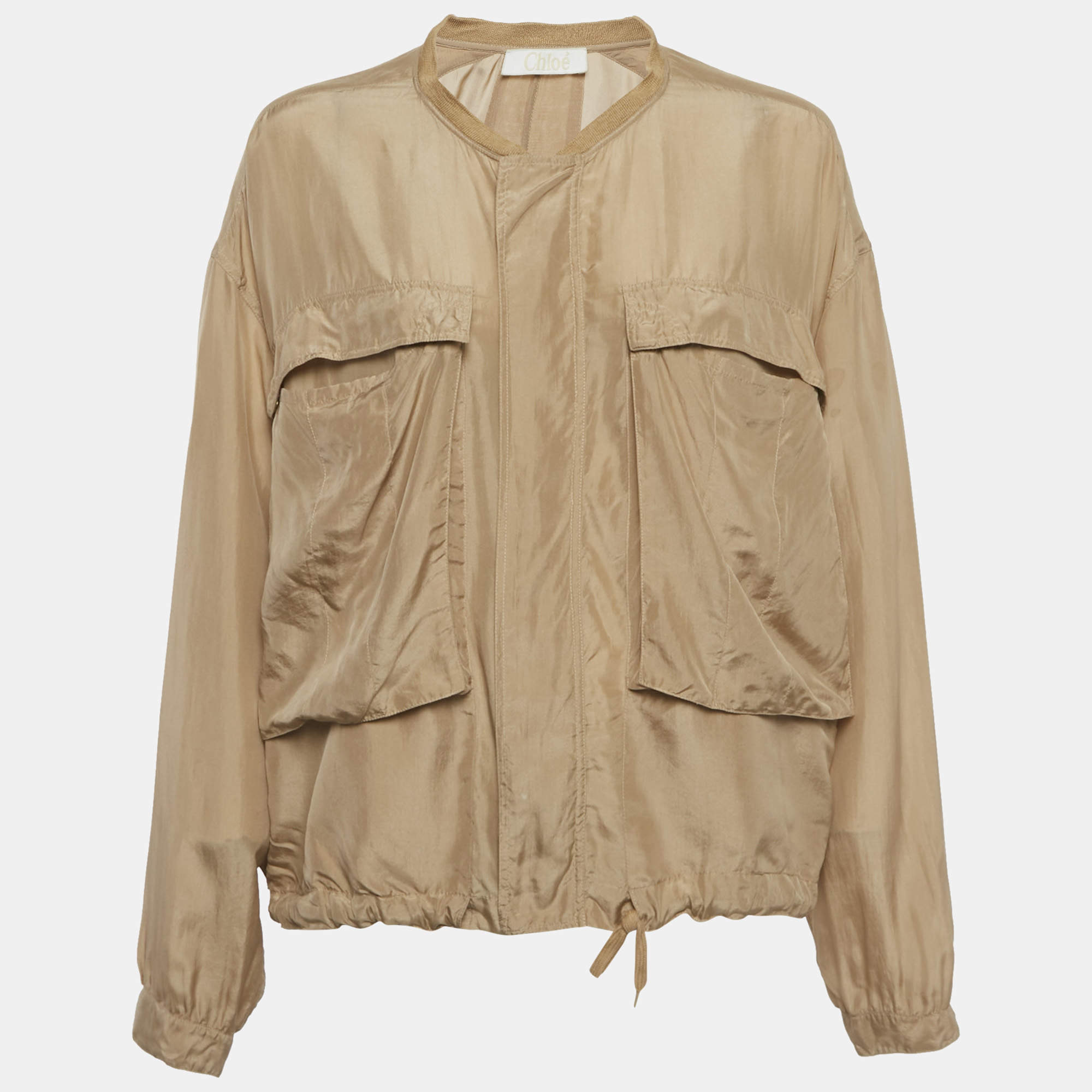 مملوكة مسبقًا جاكت كلوي سحاب من الأمام حرير بيج مقاس كبير