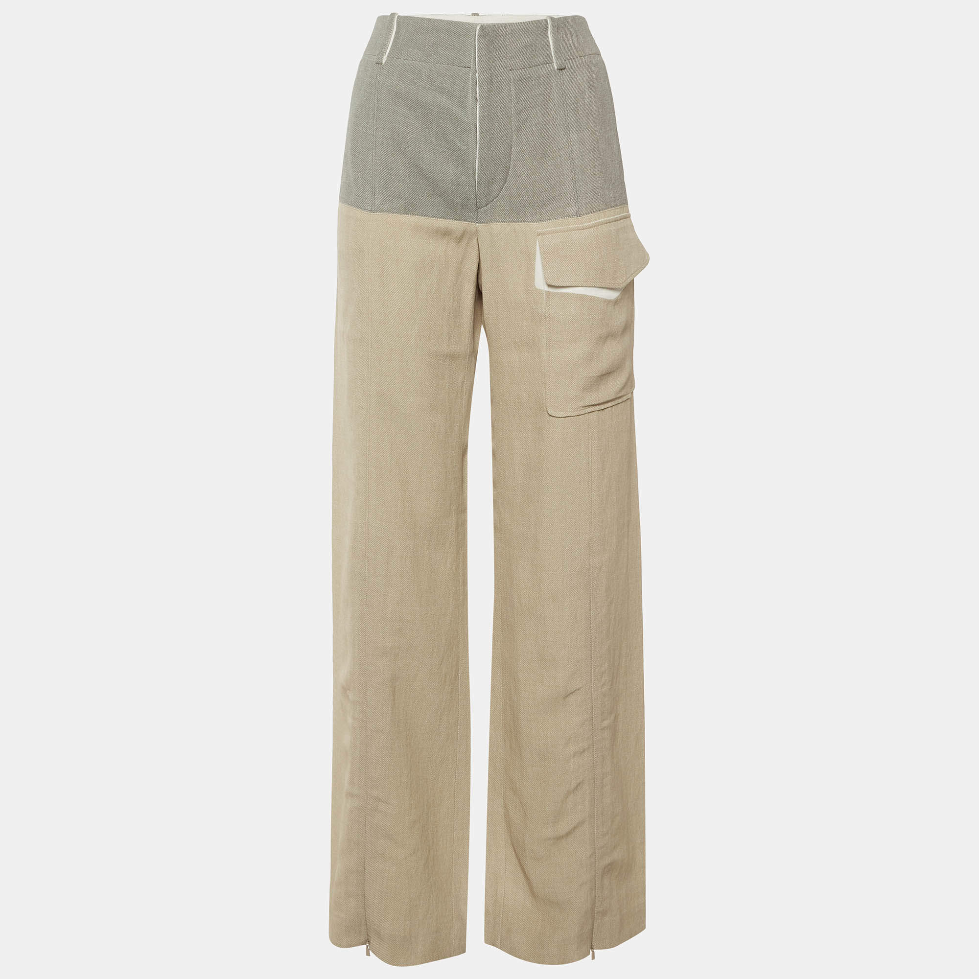 Pre Owned Chloe Grey /Beige Crepe Blend Wide Leg Trousers M 