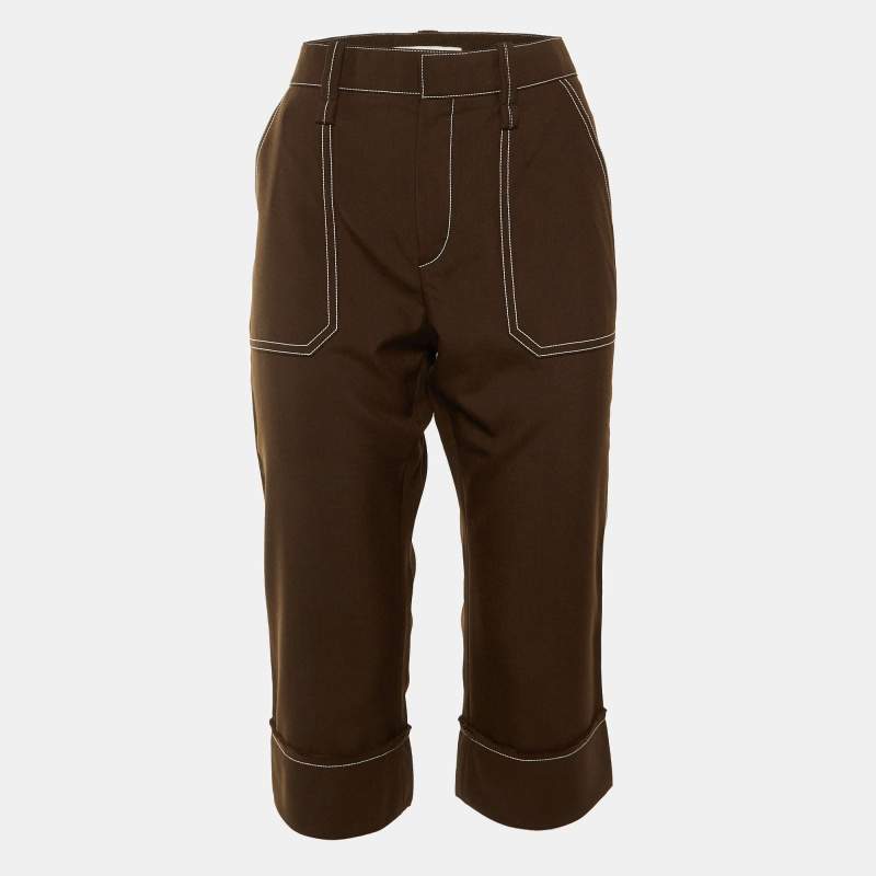Pre Owned Chloé Brown Wool Blend Contrast Stich Detail Capri Pants M