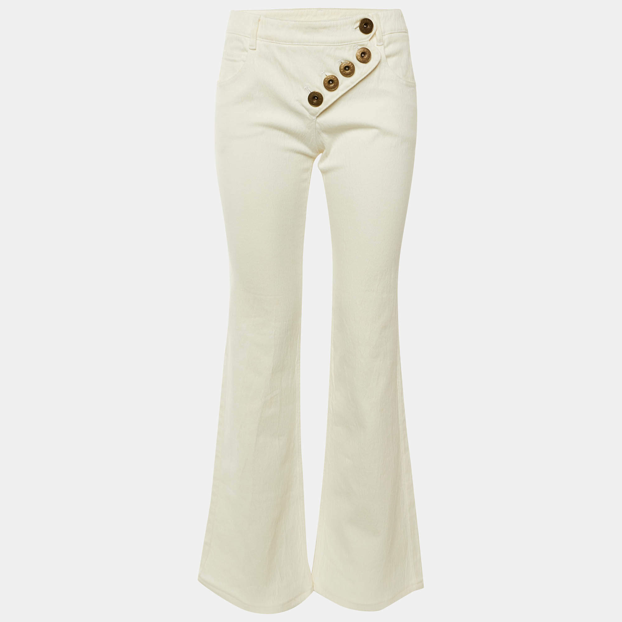 Pre Owned بنطال جينز كلوي دنيم أبيض مجعد كروسوفر مقاس متوسط عرض الخصر 28 بوصة