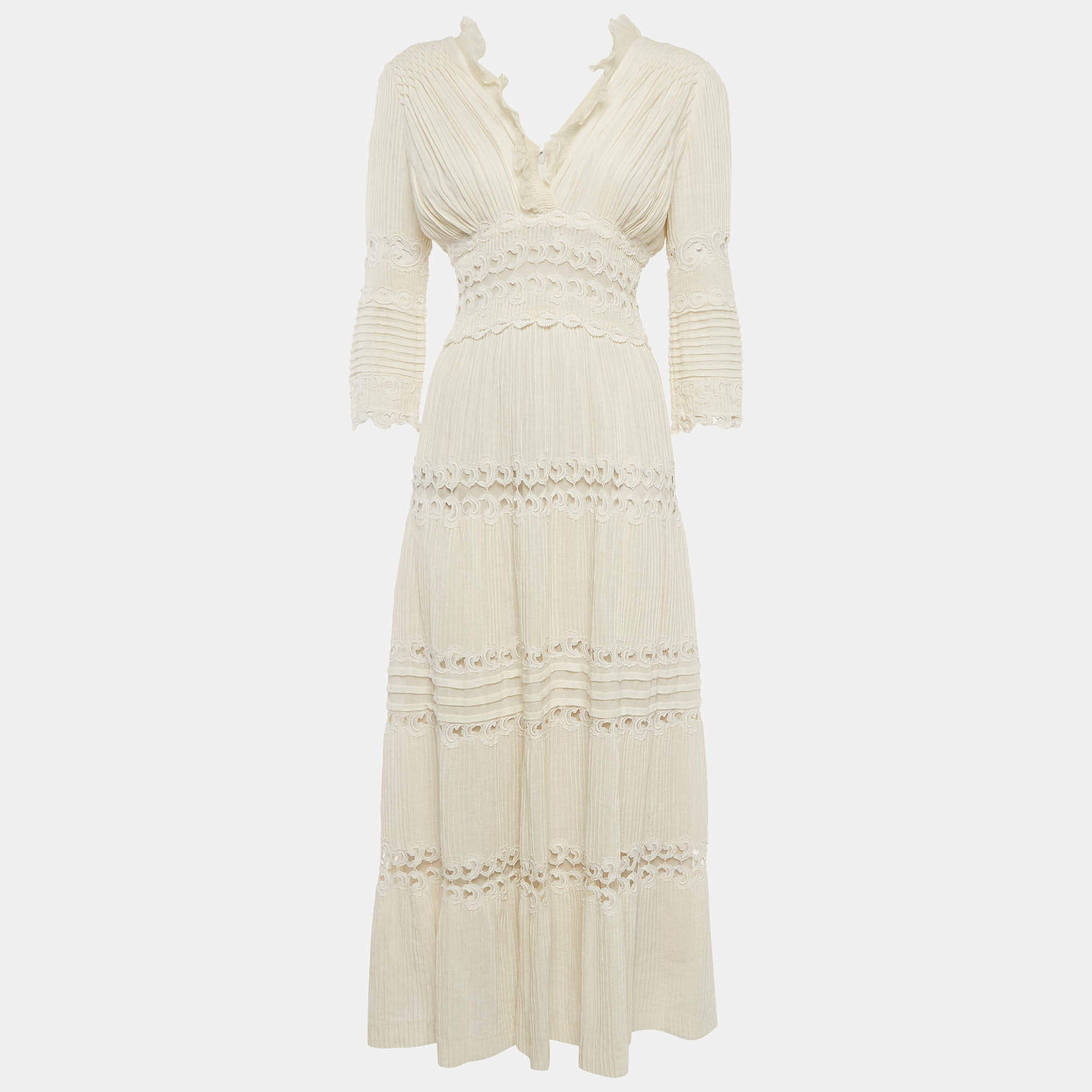 مملوكة مسبقًا Chloe Cream Pintucked Linen Lace Panelled Maxi Dress S