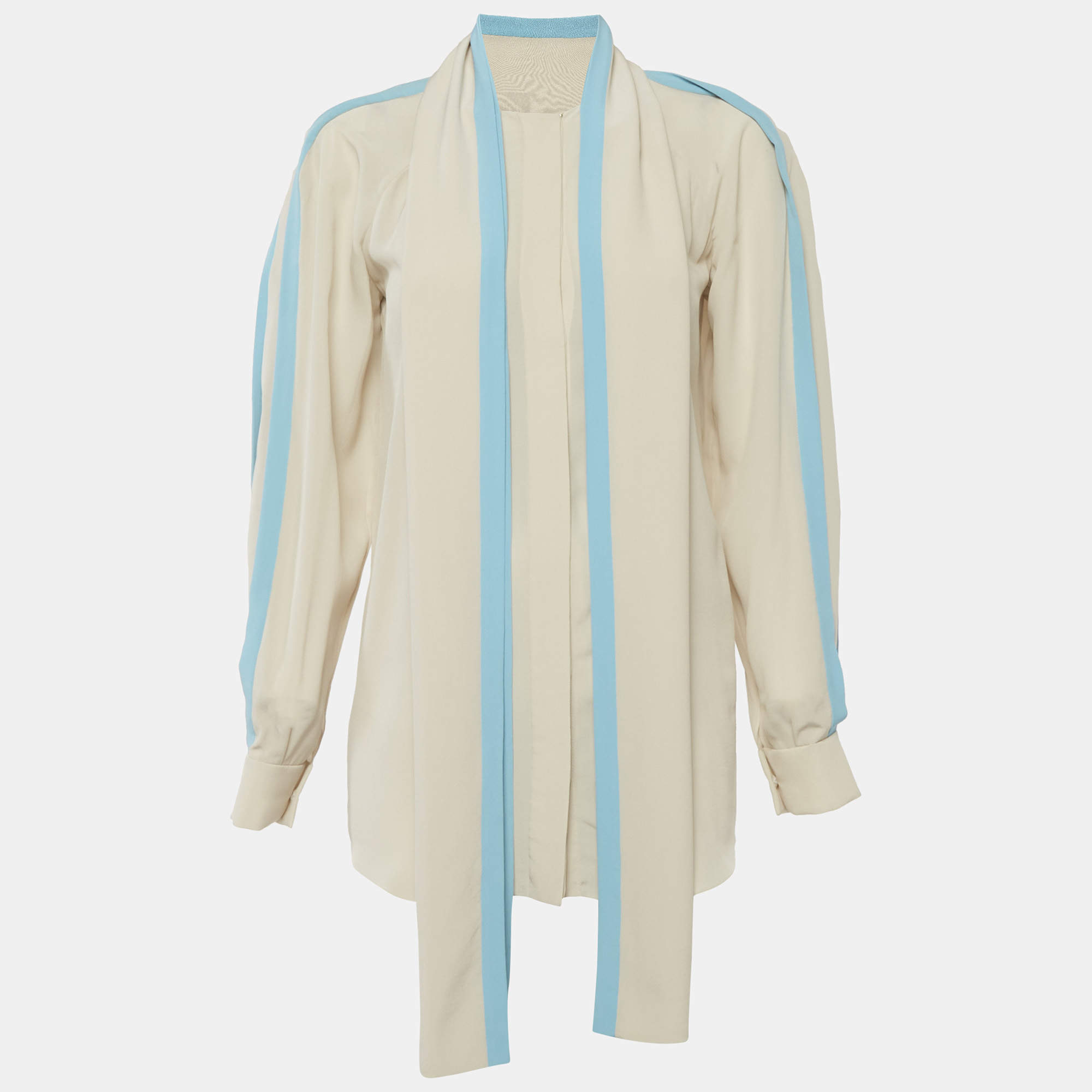 Pre Owned Chloé Light Beige/Blue Silk Tie Detail Blouse S