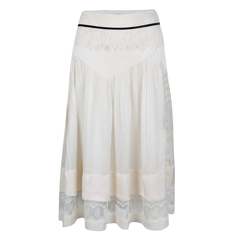 Chloe Cream Lace Insert Pleated Silk Midi Skirt S