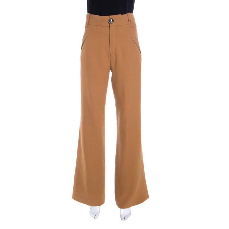 Chloe Speculos Brown High Rise Wide Leg Wool Trousers S