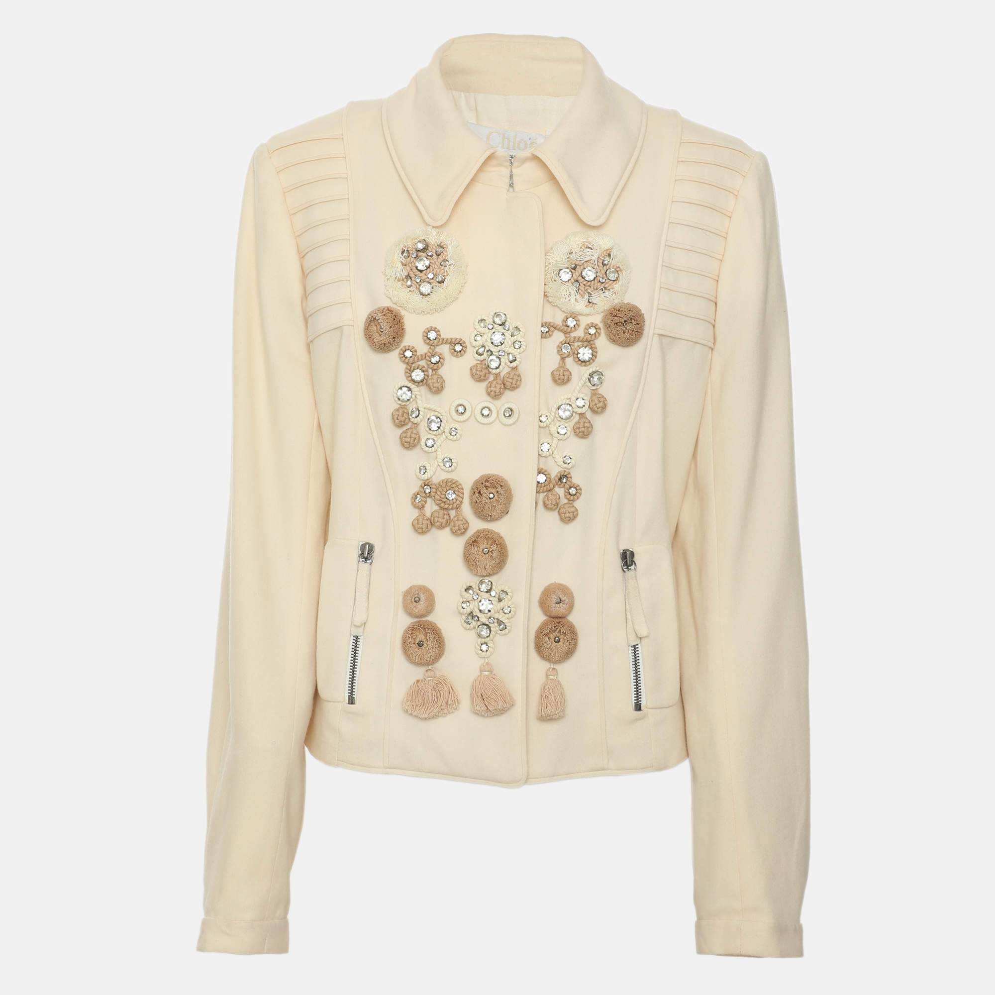Pre Owned Chloe Light Beige Wool Blend Embroidered Cropped Jacket L