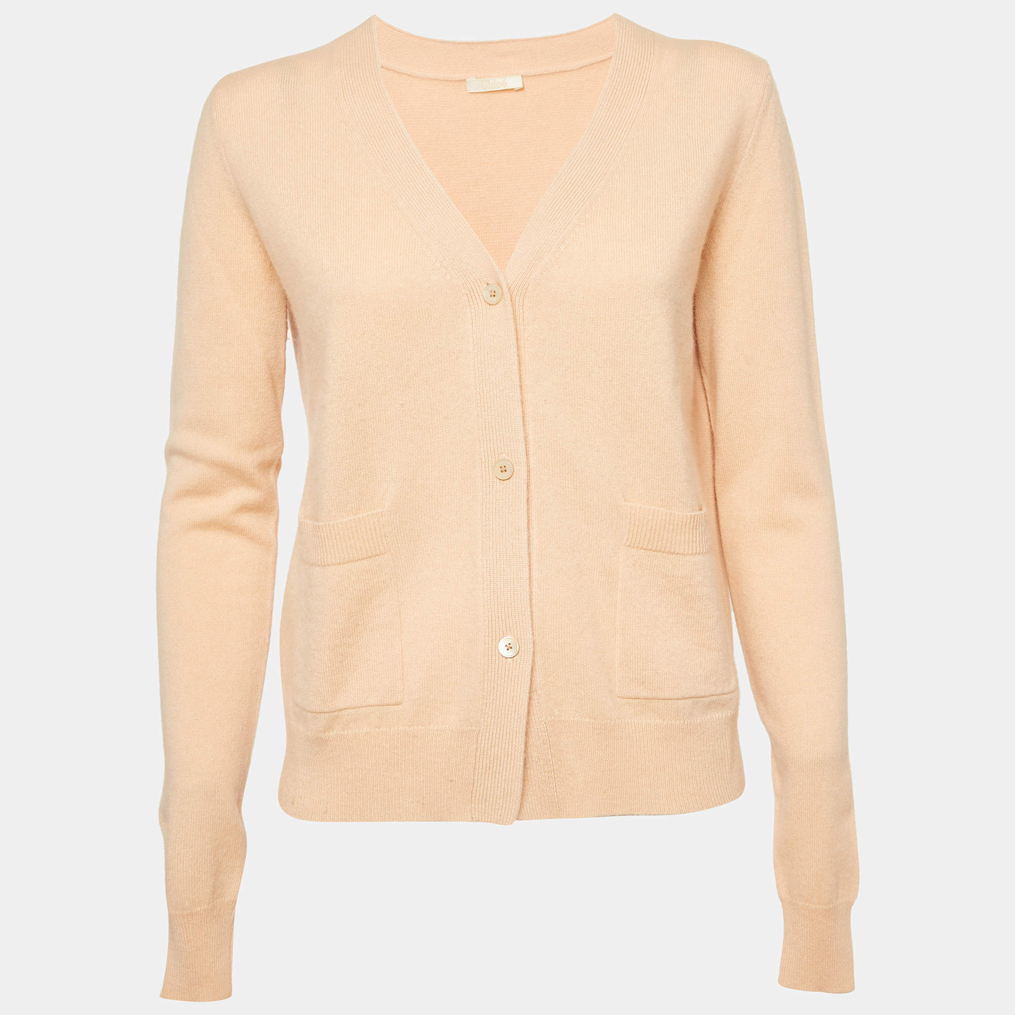 Pre Owned Chloé Pink Cashmere Knit Buttoned V-Neck Cardigan M