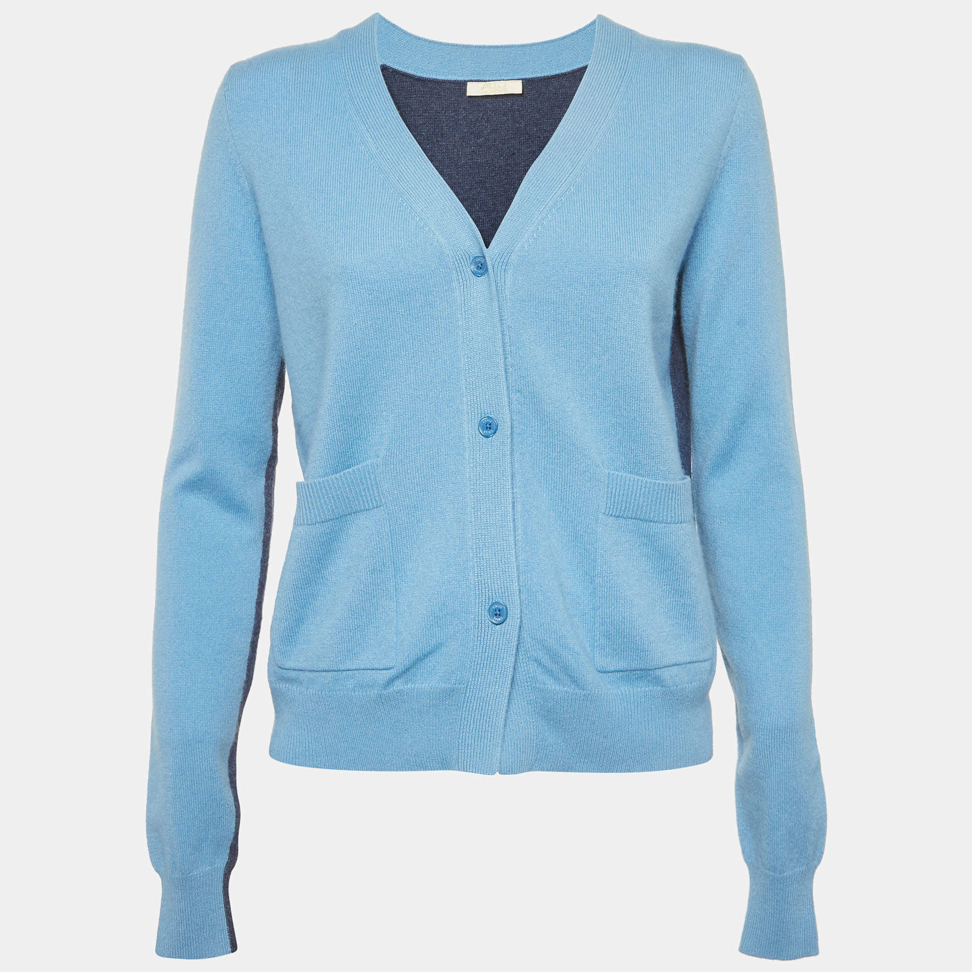 Pre Owned Chloé Blue Cashmere Knit Paneled V-Neck Cardigan M