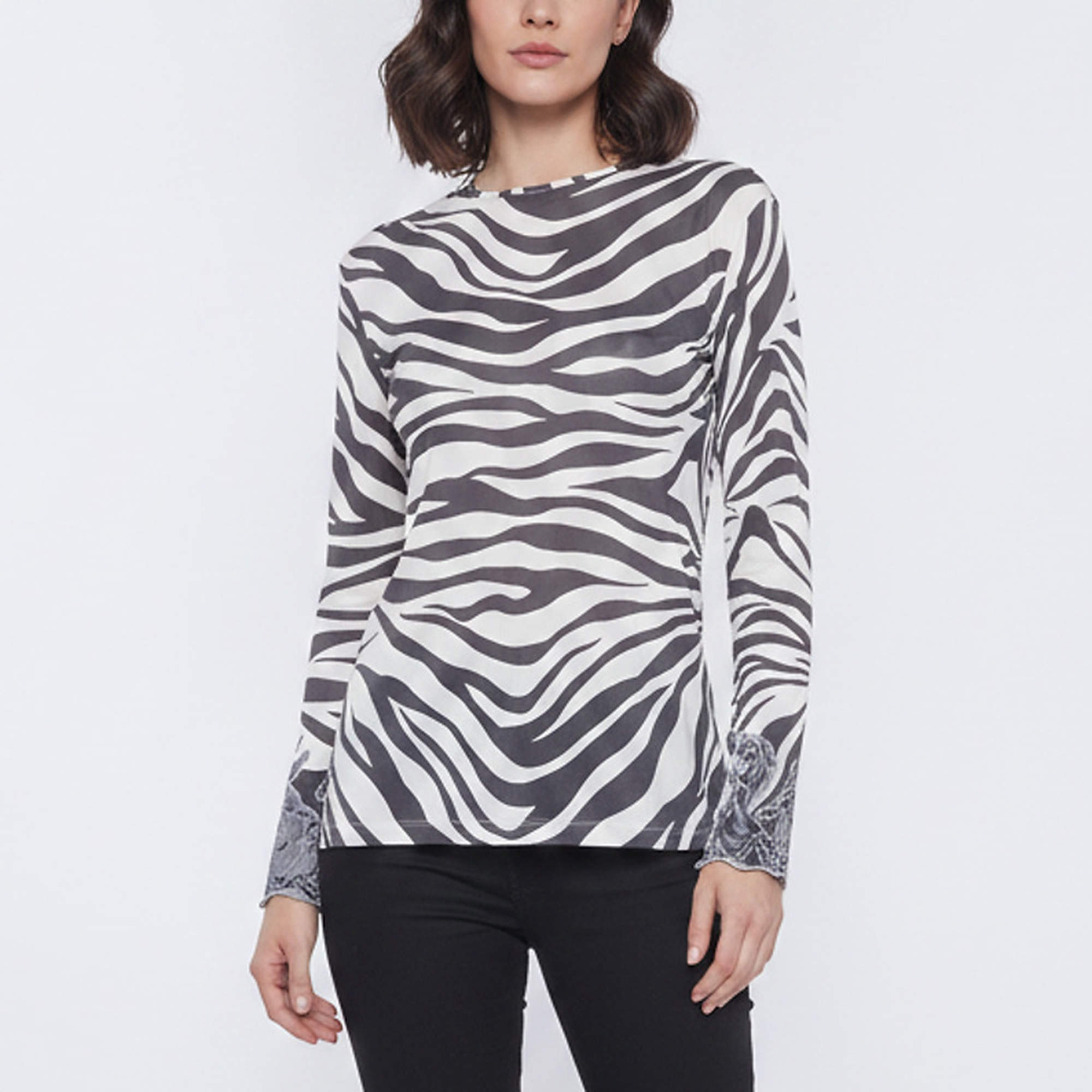 Pre Owned Chloé Beige/Black Zebra Print Mesh Lace Trim Long Sleeve Top M