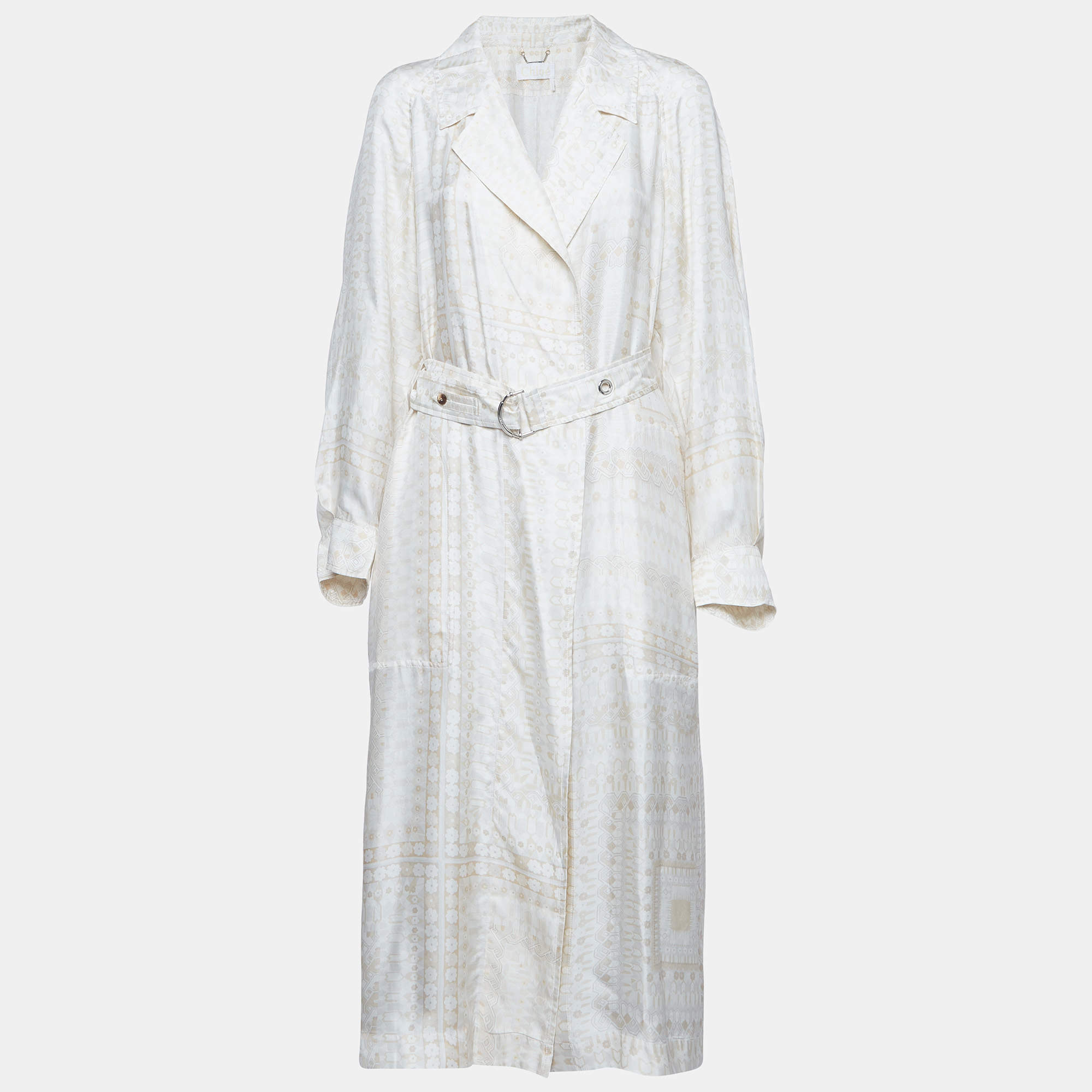 Pre Owned Chloe White Floral Print Silk Belted Duster Coat XL